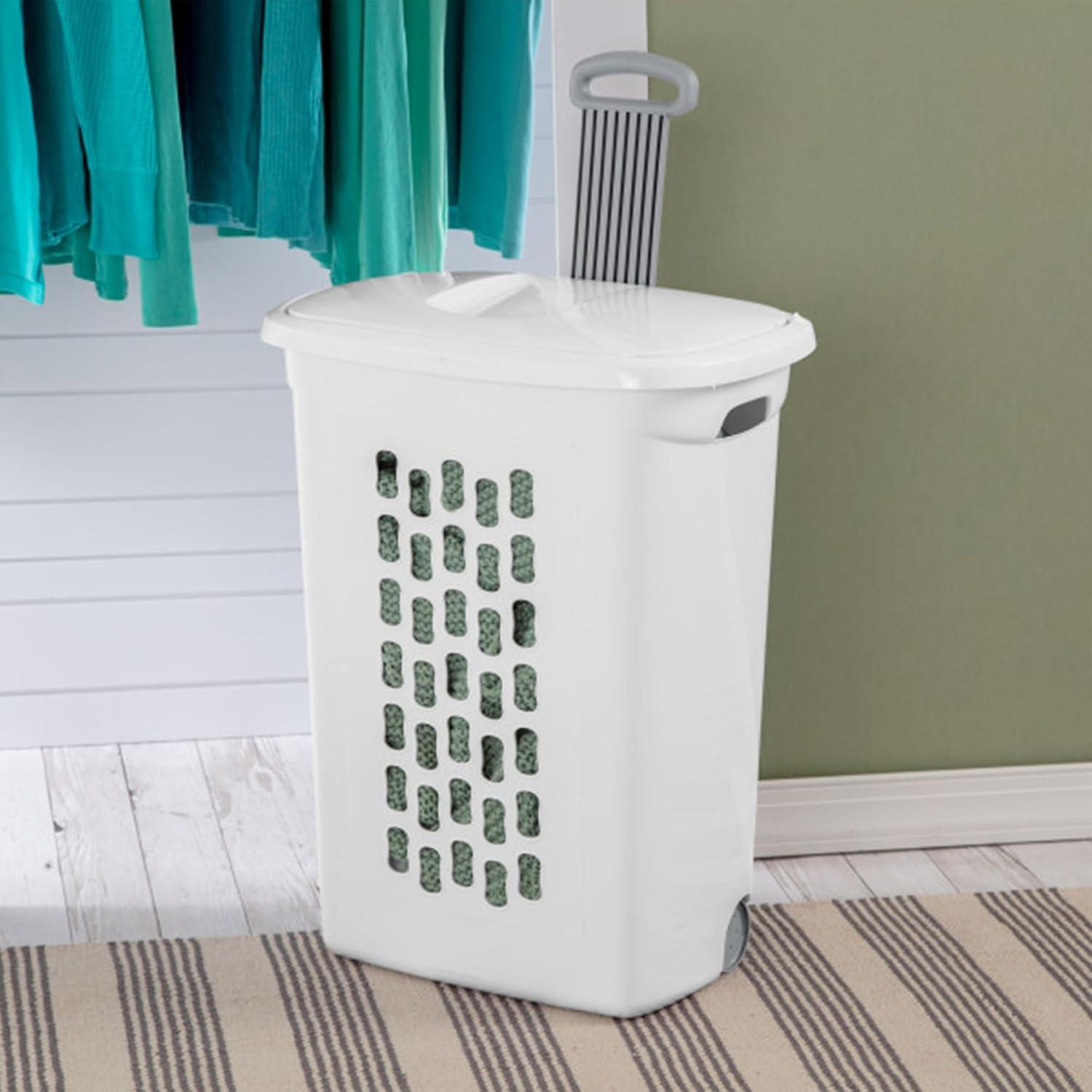 White Plastic Wheeled Laundry Hamper with Lid