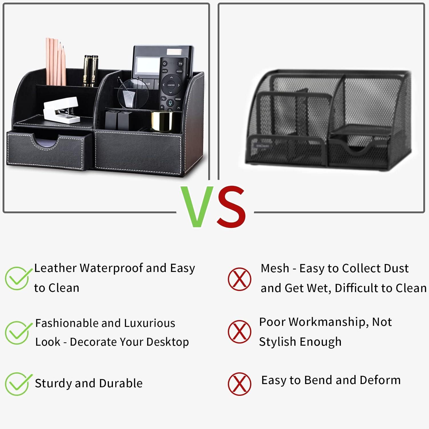 KINGFOM Pu Leather Desk Organizer Pen Pencil Holder Office Supplies Caddy Storage Box 6 Compartments with Drawer Black