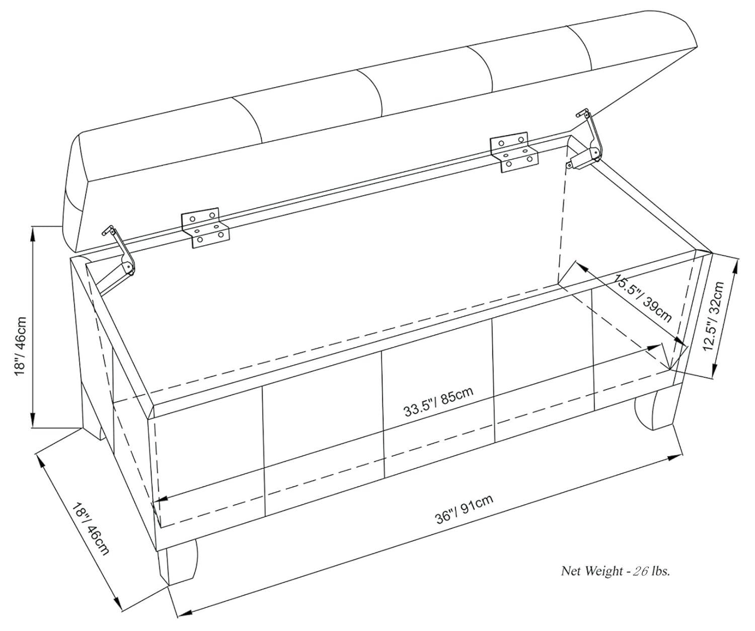 Simpli Home Dover 36"W Upholstered Storage Ottoman Bench with Lift-Top and Large Interior Storage