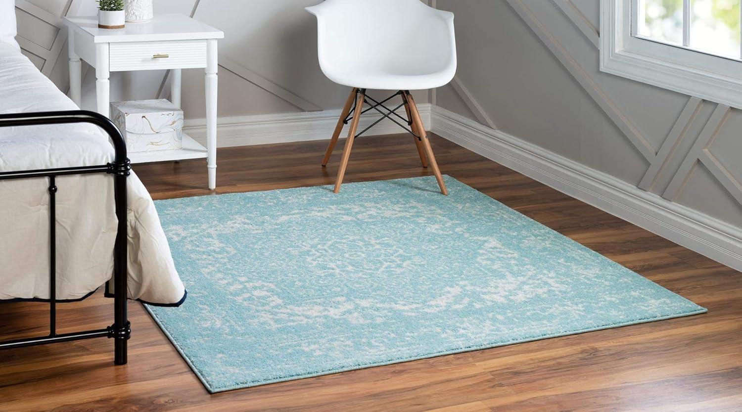 Aqua Medallion Square Synthetic Easy Care Rug