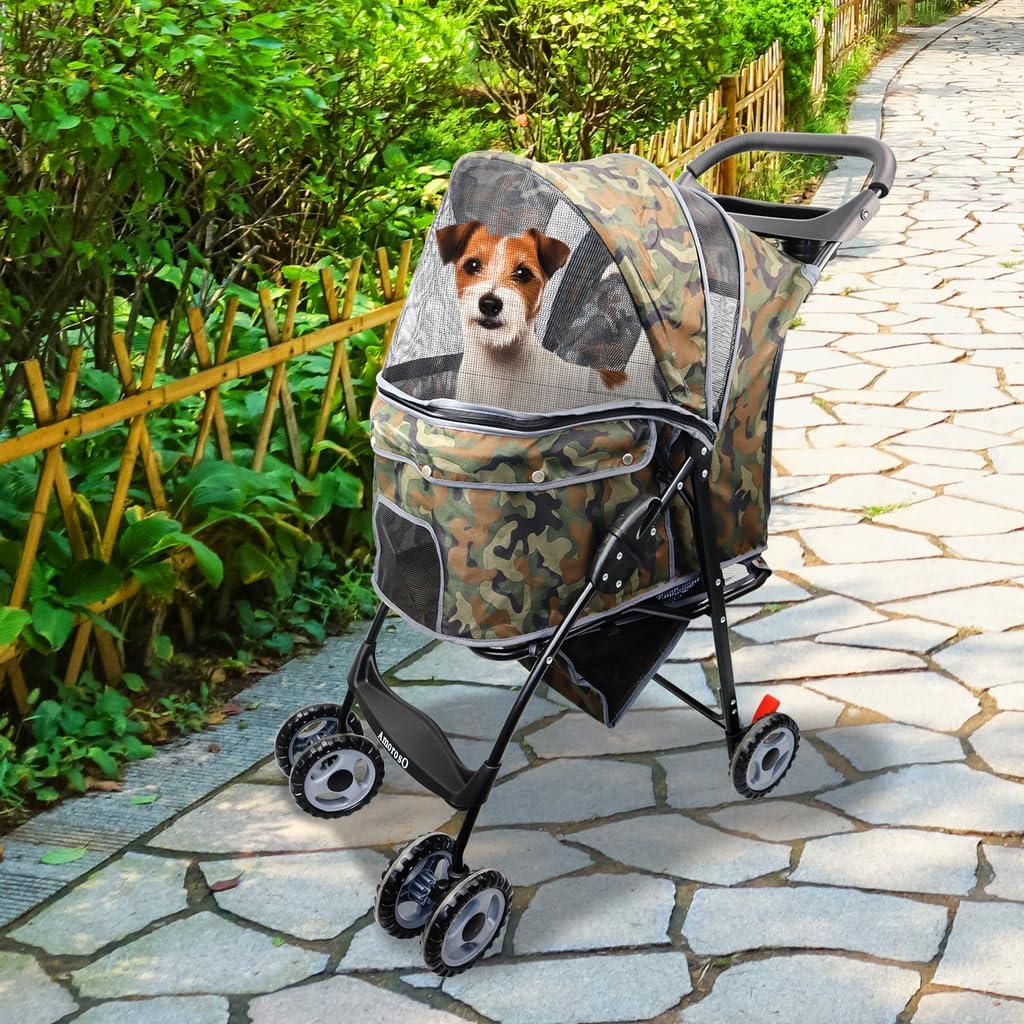 Camo Green Foldable Pet Stroller with Canopy and Storage