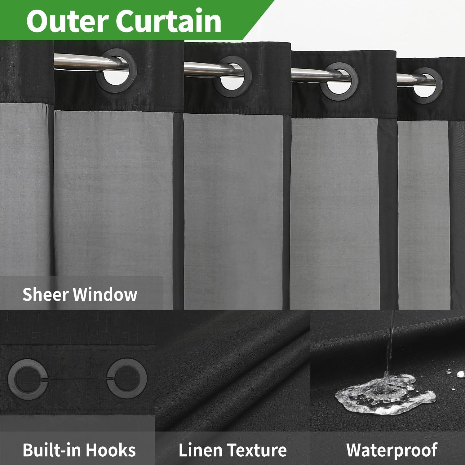 No Hooks Needed Linen Textured Shower Curtain with Snap-in Fabric Liner Set,with Mesh Top Window