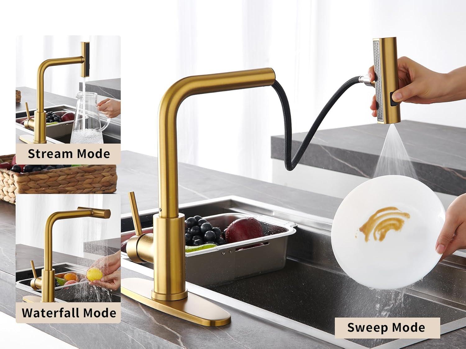 Waterfall Kitchen Faucet with Pull Down Sprayer, Stainless Kitchen Faucet with Sprayer 3 Modes