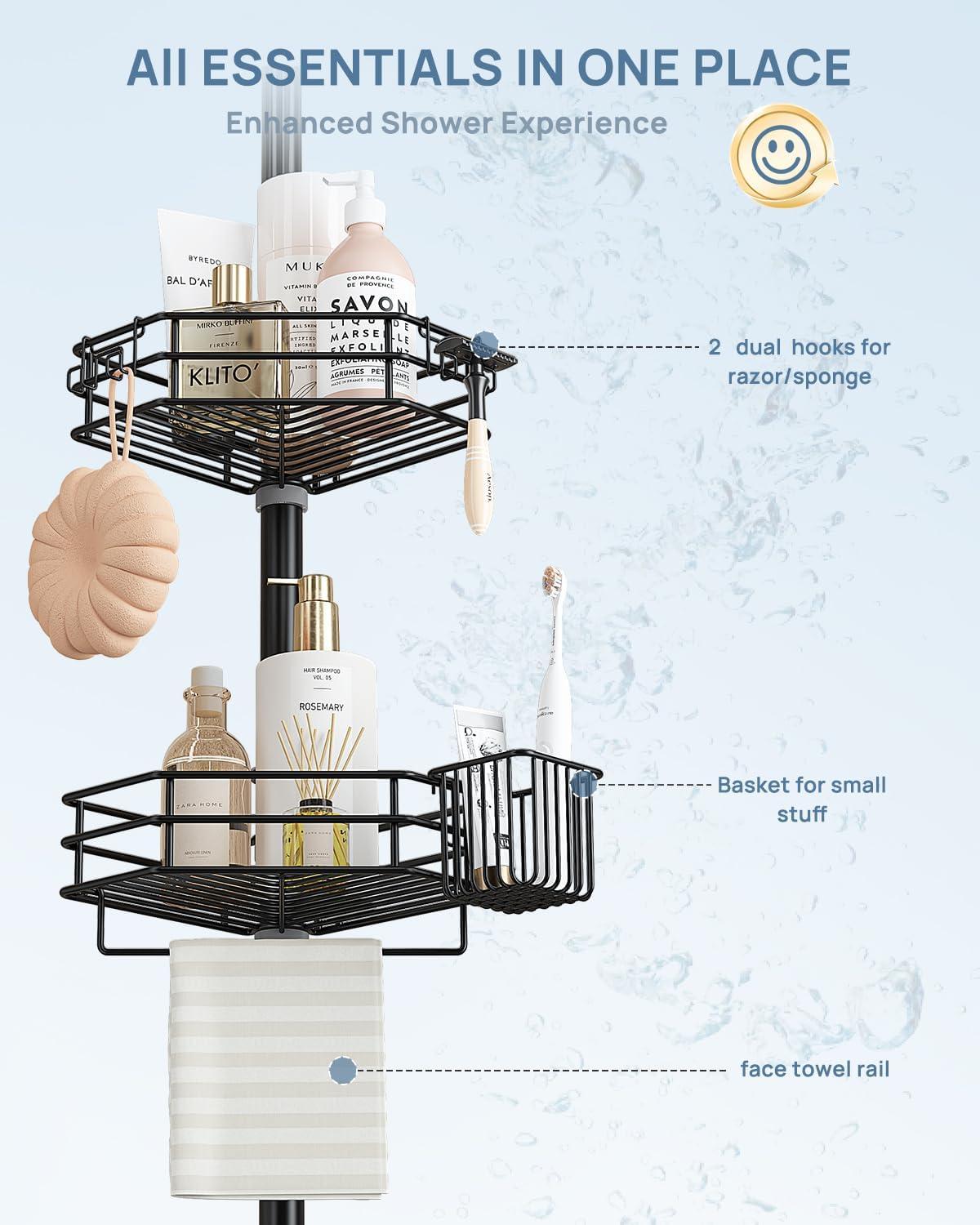 Corner Shower Caddy Tension Pole, Adjustable Shower Organizer Corner with 4 Shelves, 39.2 to 113 In