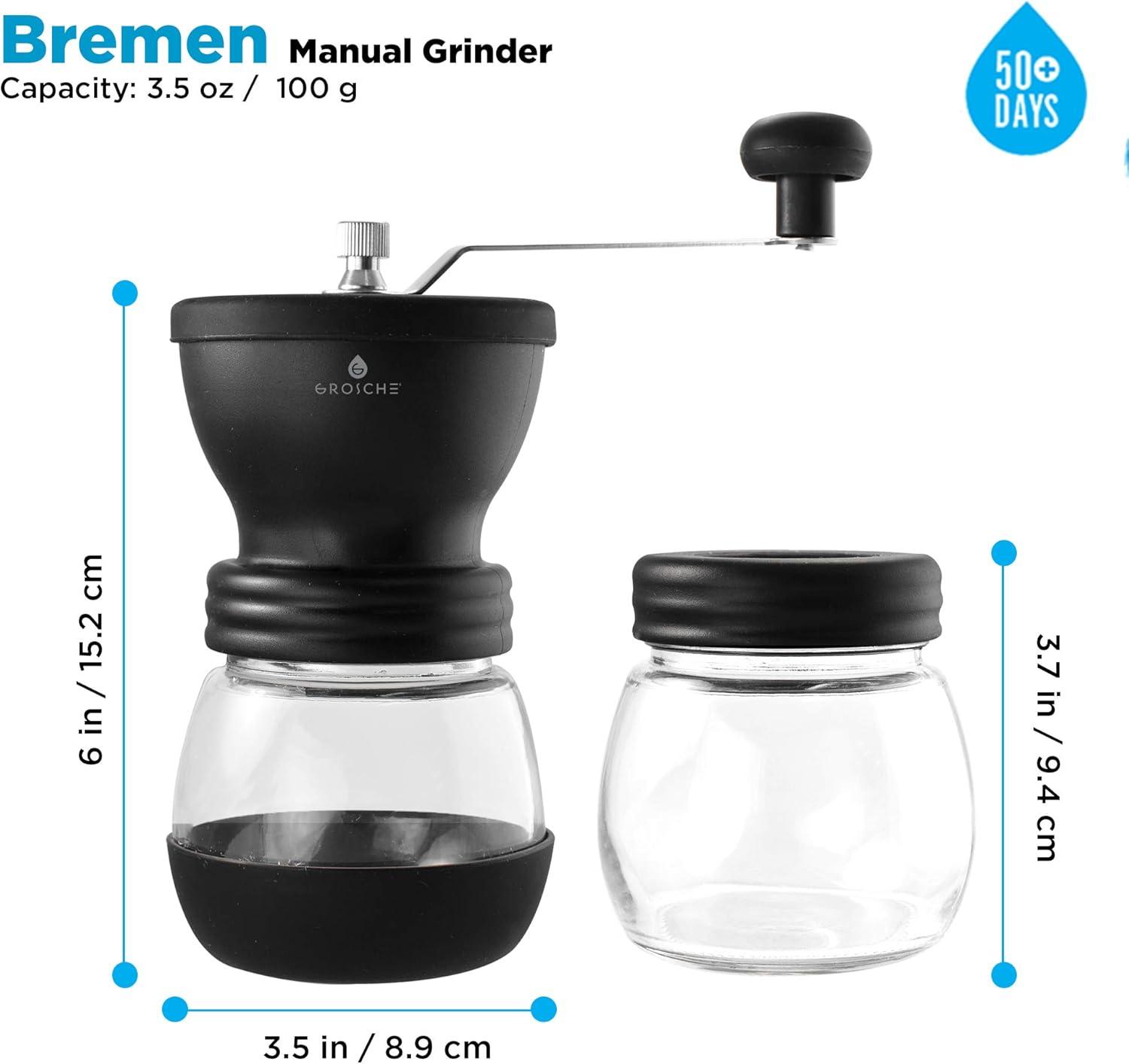 GROSCHE BREMEN Manual Ceramic Conical Burr Coffee Grinder, Spice & Coffee Grinder with Glass Storage Jar