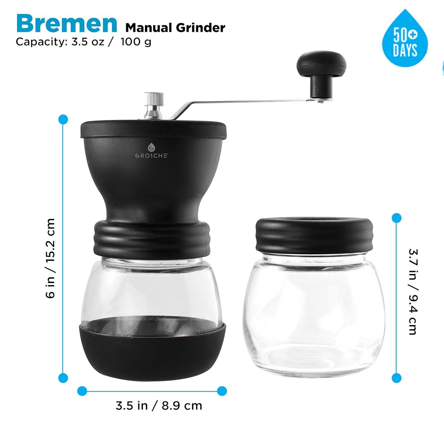 GROSCHE BREMEN Manual Ceramic Conical Burr Coffee Grinder, Spice & Coffee Grinder with Glass Storage Jar