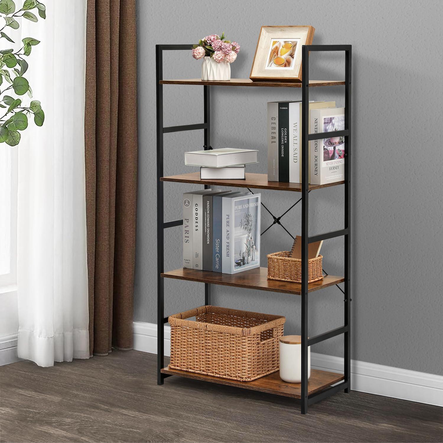 MoNiBloom 4 Shelves Industrial Bookcase, Open Back Metal Bookshelf Storage Display Rustic Shelf, for Home Office, Brown