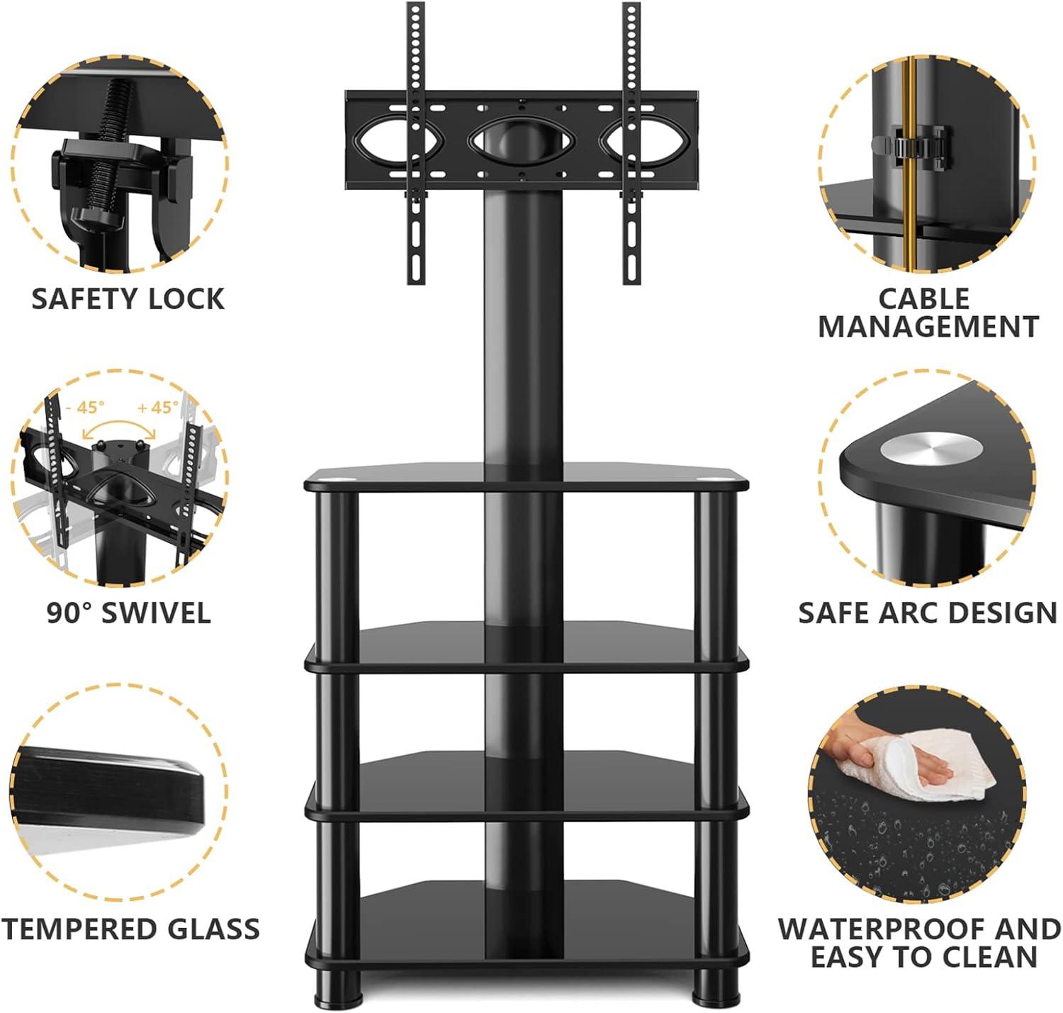 4-Tiers Media Component TV Stand with Swivel Mount Audio Shelf and Height Adjustable Bracket, Black Floor TV Stand for 32-70 Inch LCD LED OLED Flat/Curved Screen TVs