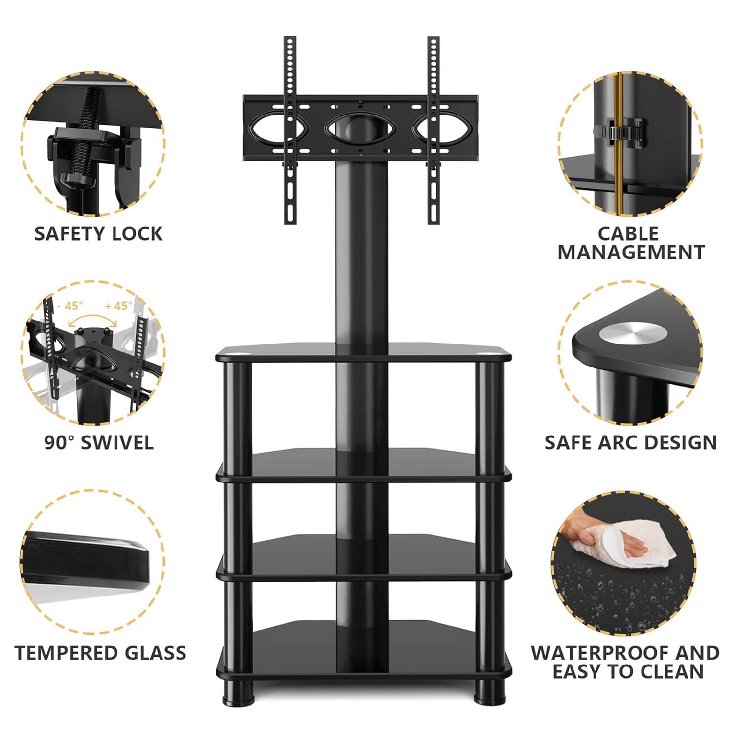 4-Tiers Media Component TV Stand with Swivel Mount Audio Shelf and Height Adjustable Bracket, Black Floor TV Stand for 32-70 Inch LCD LED OLED Flat/Curved Screen TVs