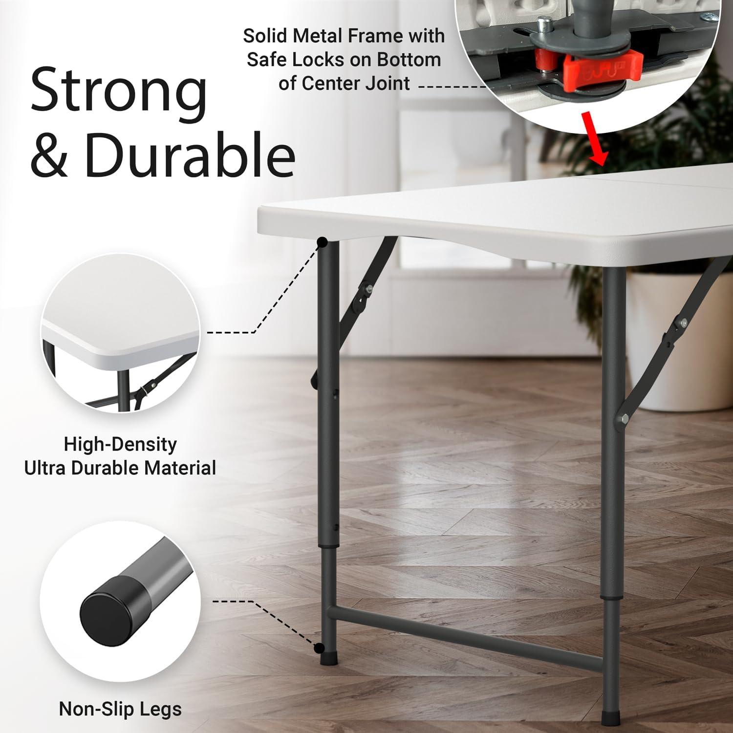 CL.HPAHKL Folding Table with Carrying Handle, Portable Plastic 6 Ft Camping Table, Sturdy Steel Frame for Indoor Outdoor, White