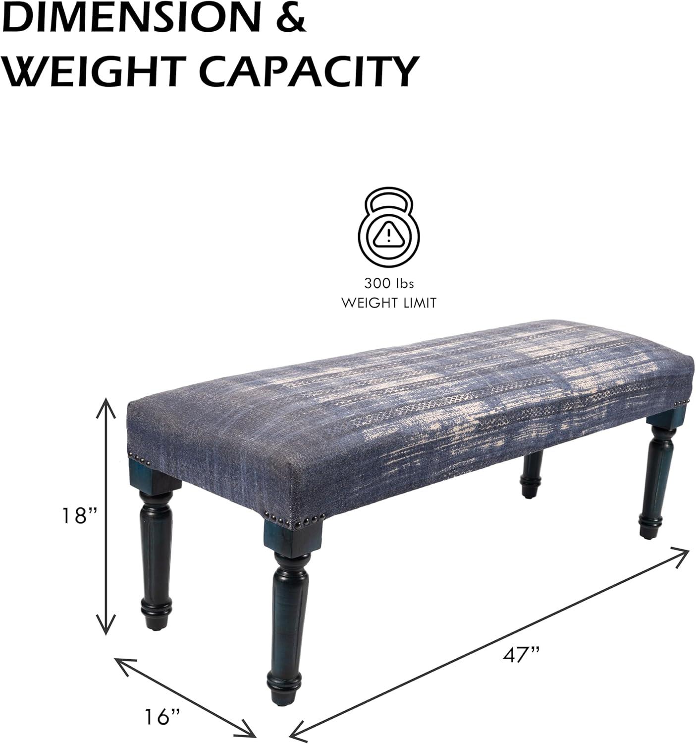 LR Home Bryant 47" Upholstered Accent Bench, Blue Abtsract