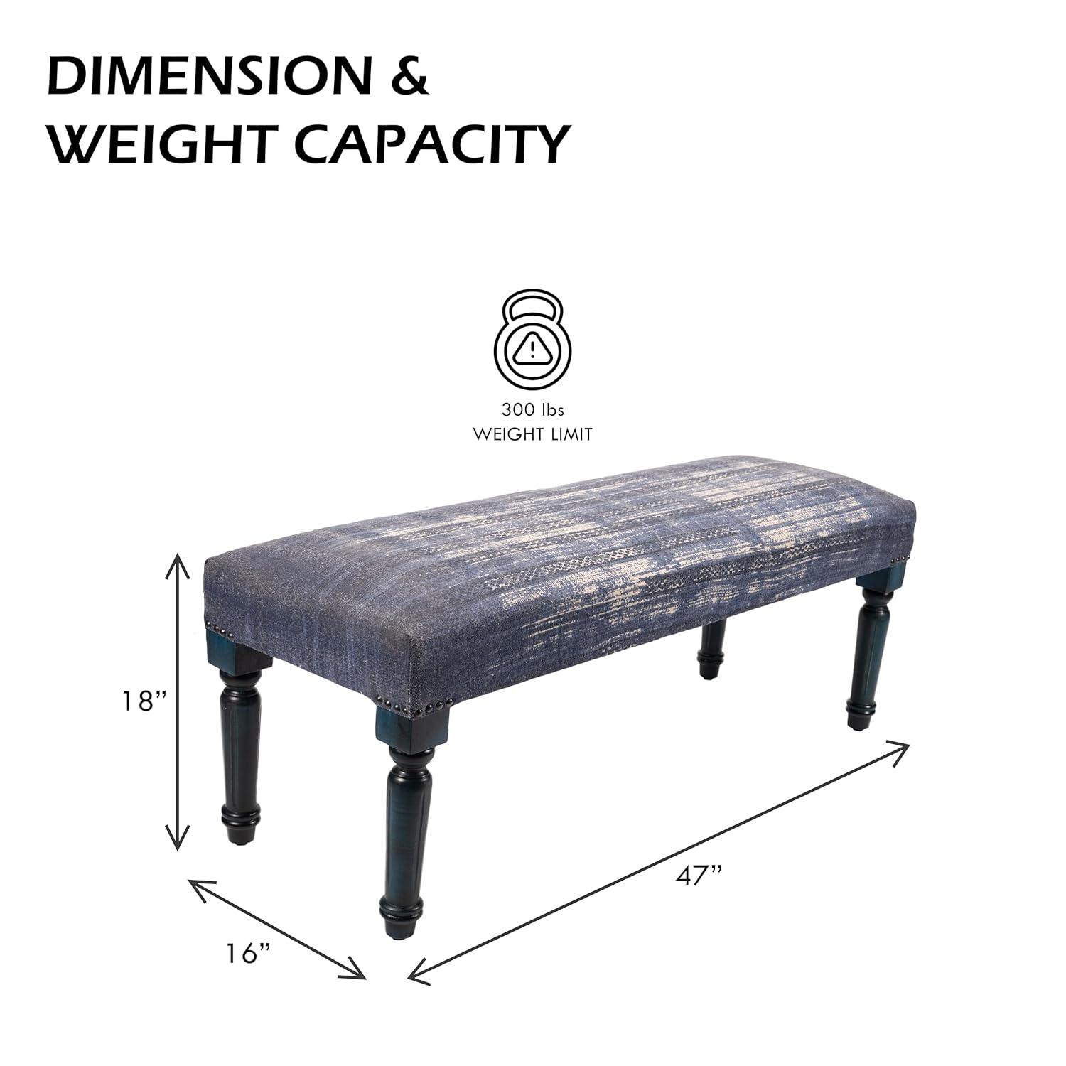LR Home Bryant 47" Upholstered Accent Bench, Blue Abtsract