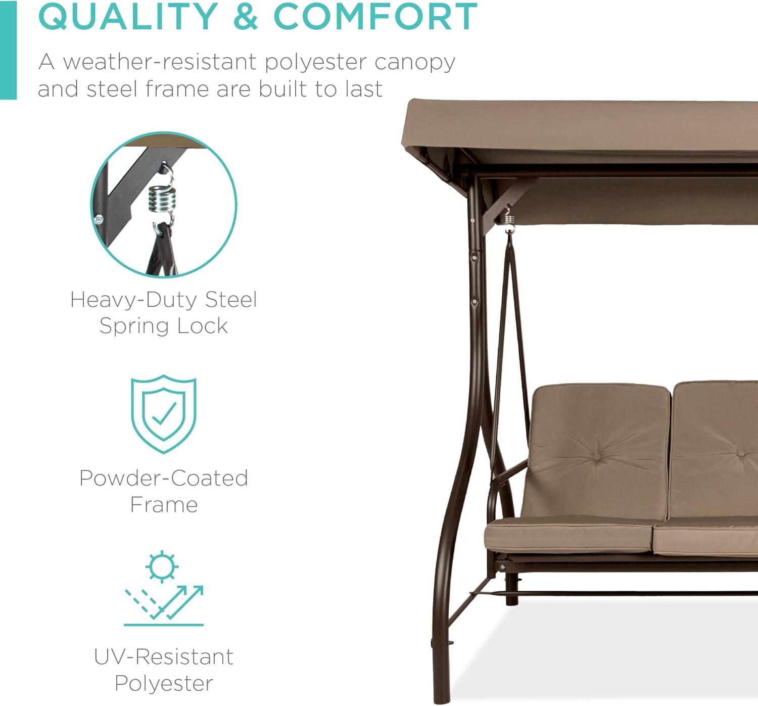 Best Choice Products 3-Seat Outdoor Converting Canopy Swing Glider Patio Hammock w/ Removable Cushions - Desert Taupe