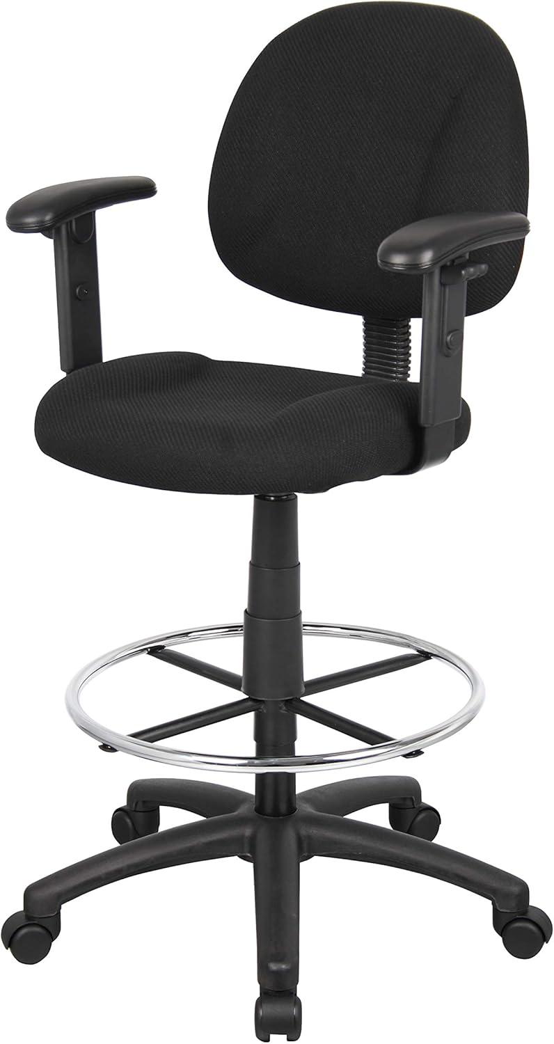 ErgoComfort Black Tweed Drafting Stool with Adjustable Arms and Chrome Footring