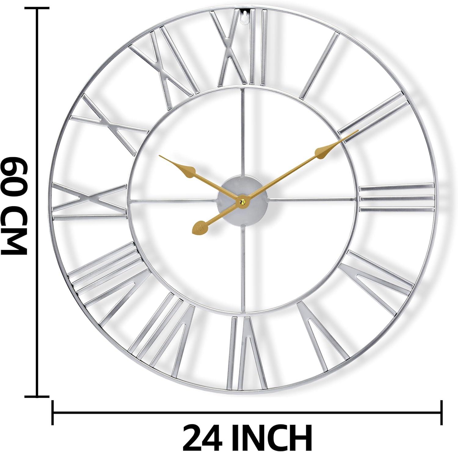 Oversized Silver Metal Roman Numeral Wall Clock