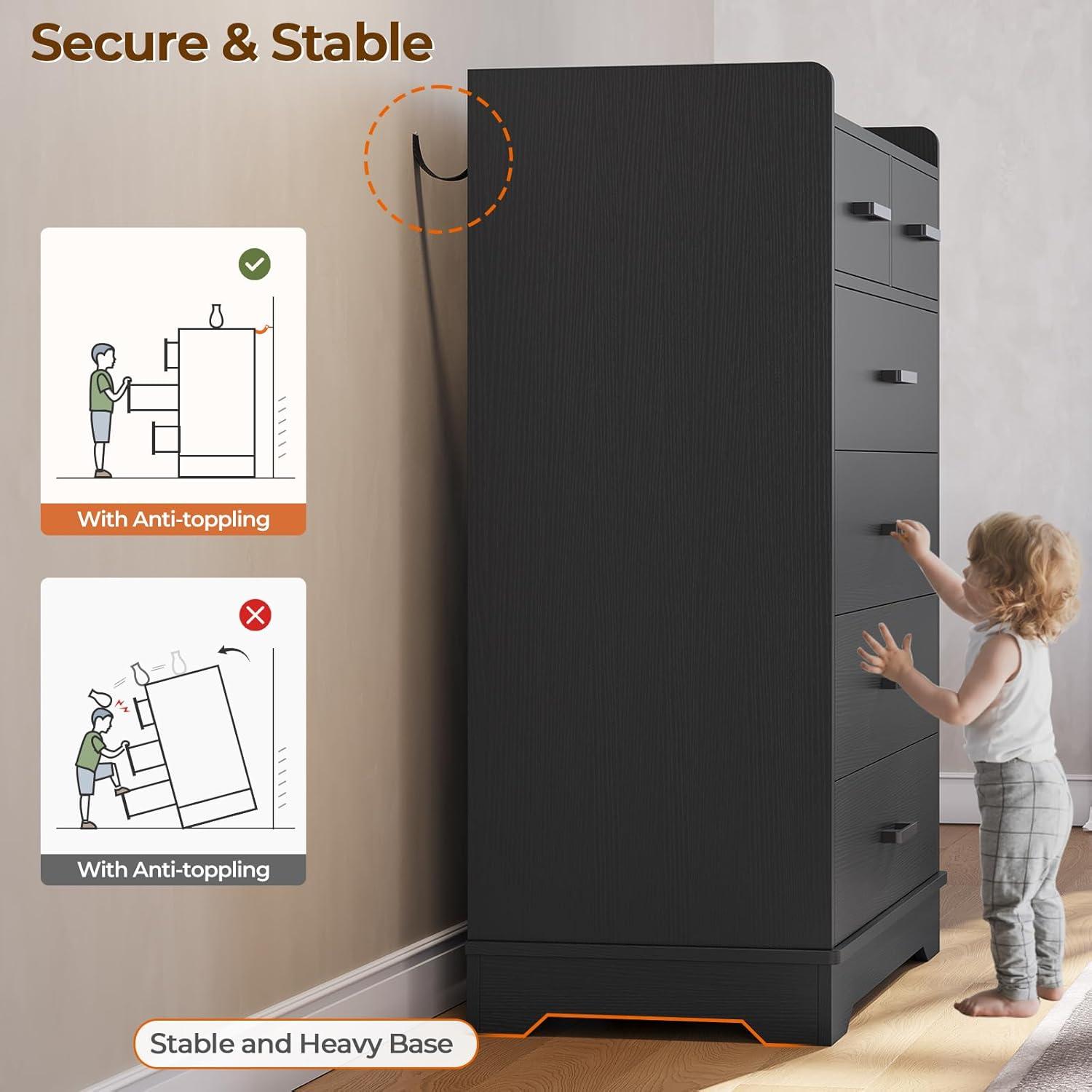 Black Dresser for Bedroom, 6 Drawers Dresser Wood Storage Tower Clothes Organizer, Chest of 6 Drawers, Large Capacity Storage Cabinet, Tall Dresser for Bedroom, Hallway, Entryway