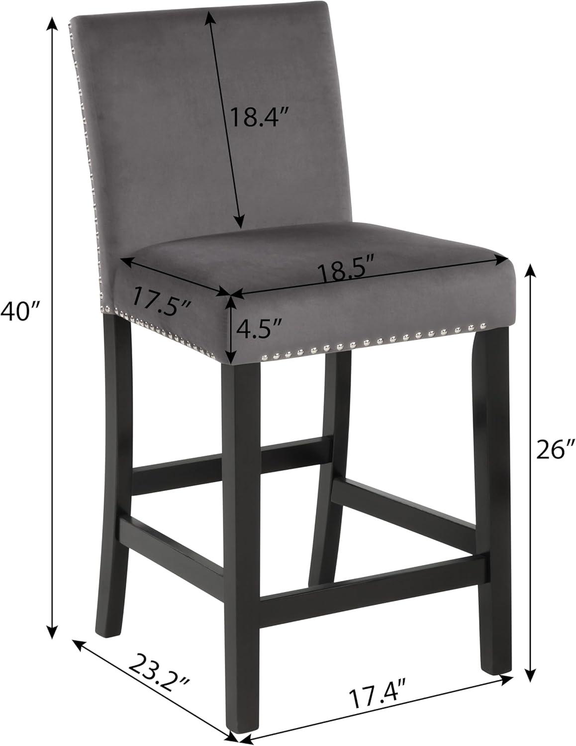 Roundhill Furniture Cobre Contemporary Velvet Counter Stool with Nailhead Trim, Gray, Set of 2