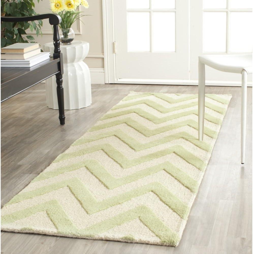 Ivory and Light Green Hand-Tufted Wool Chevron Rug