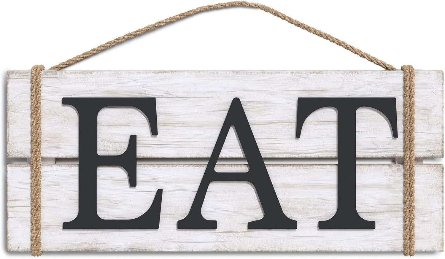 Barnyard Designs Eat Wood Wall Art Sign, Rustic Primitive Farmhouse Country Kitchen and Home Wall Decor, White/Black, 17" x 7”