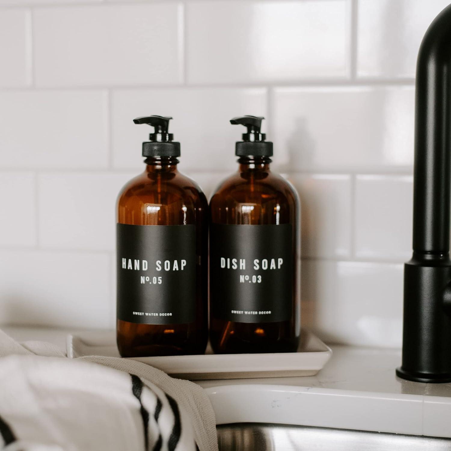 Sweet Water Decor Amber Glass Black Label Dish Soap Dispenser - 16oz