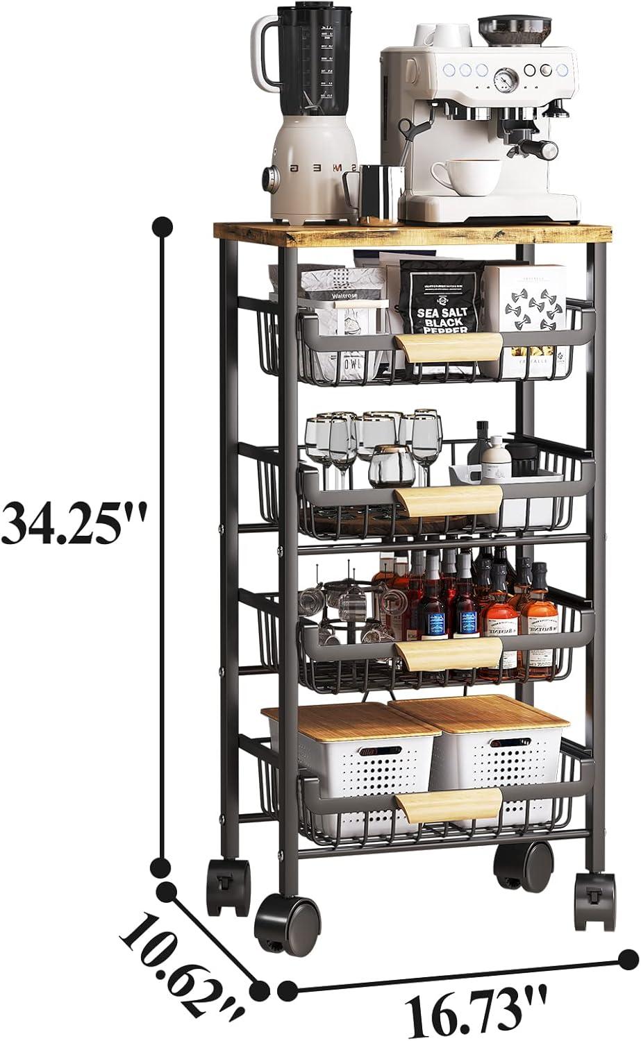 Black Metal and Wood 5-Tier Kitchen Storage Cart