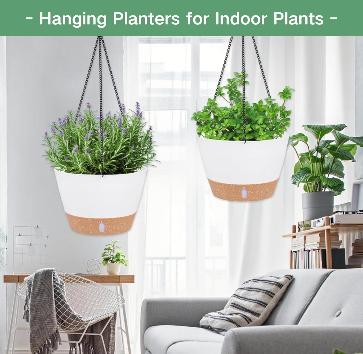 QCQHDU 2 Pack 10 inch White Plastic Hanging Planters with 3 Hooks, Hanging Plant Pot Basket with Drainage Hole for Garden Home