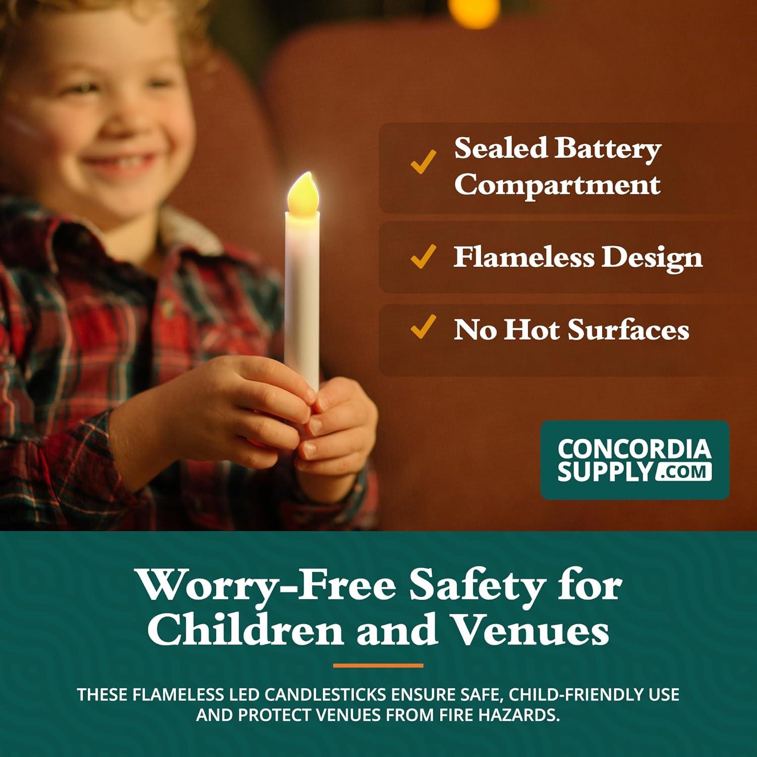 Concordia Supply SafeFlame LED Candlesticks - 6" (25-Pack) Handheld Battery Operated Candles w/Flickering Effect - Perfect for Church Services, Candlelight Vigils, and Special Events - (Amber)
