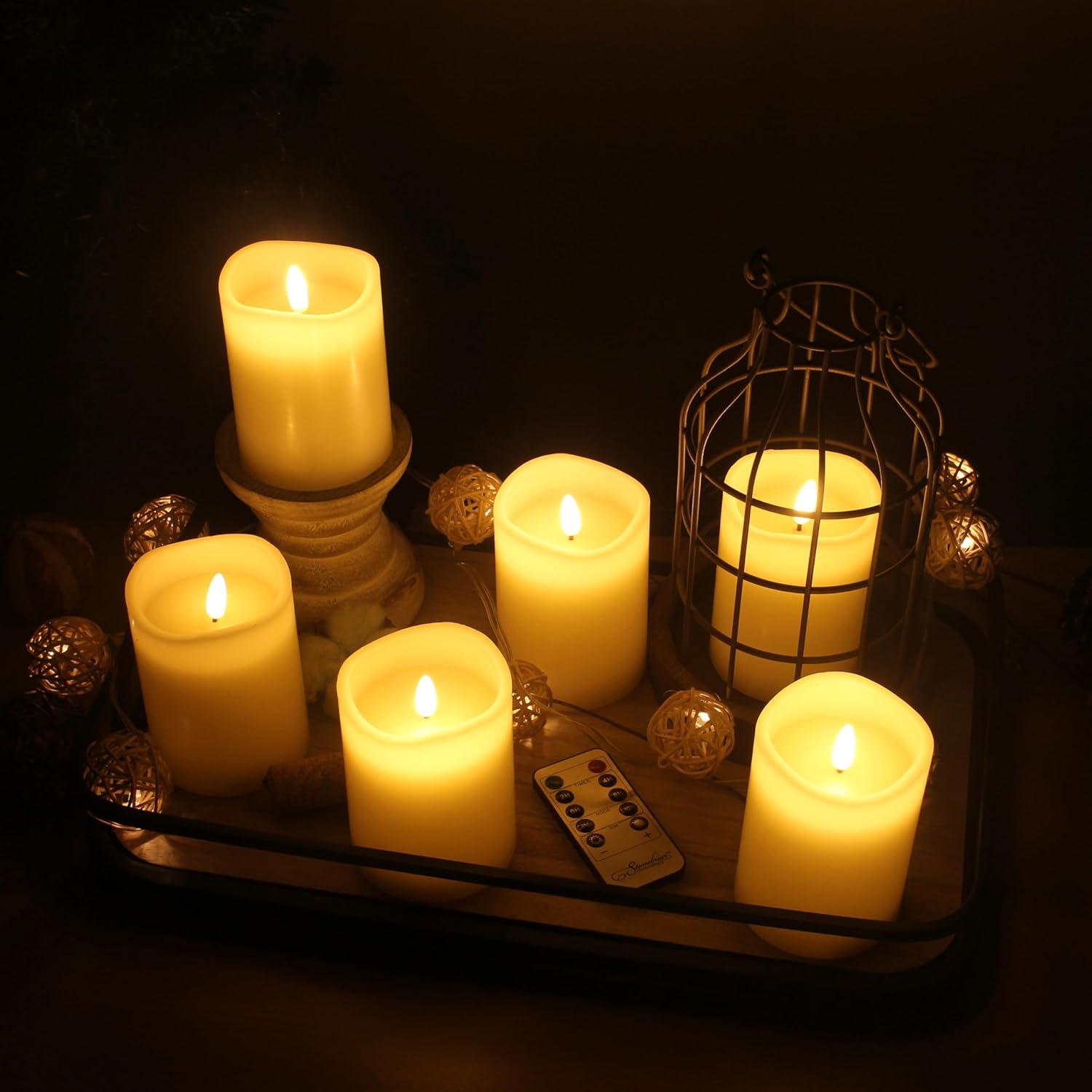 Stonebriar Flameless LED 3"x 4" off-White Real Wax Pillar Candle with Timer and Remote, 6 Pack