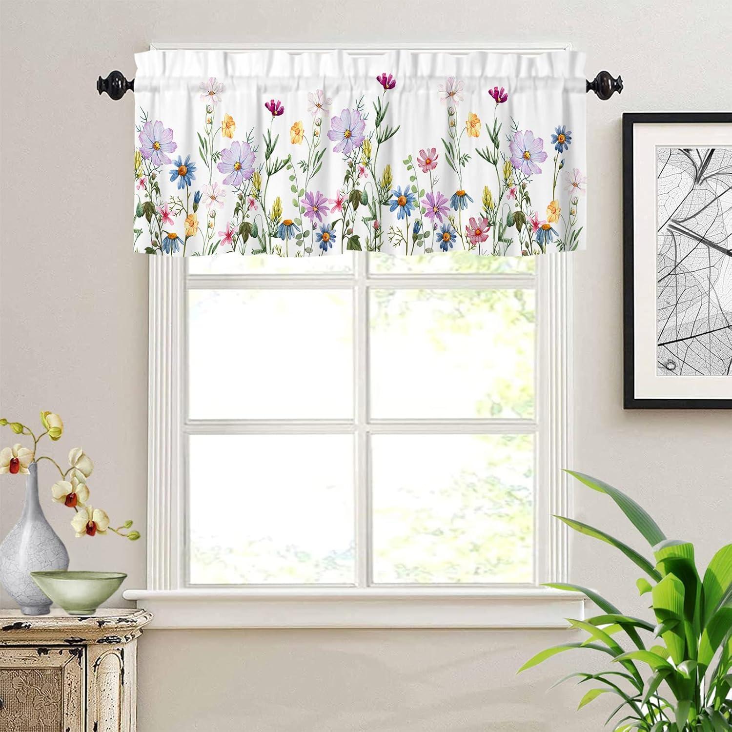 Spring Watercolor Floral Print Valance with Rod Pocket, 54" x 18"