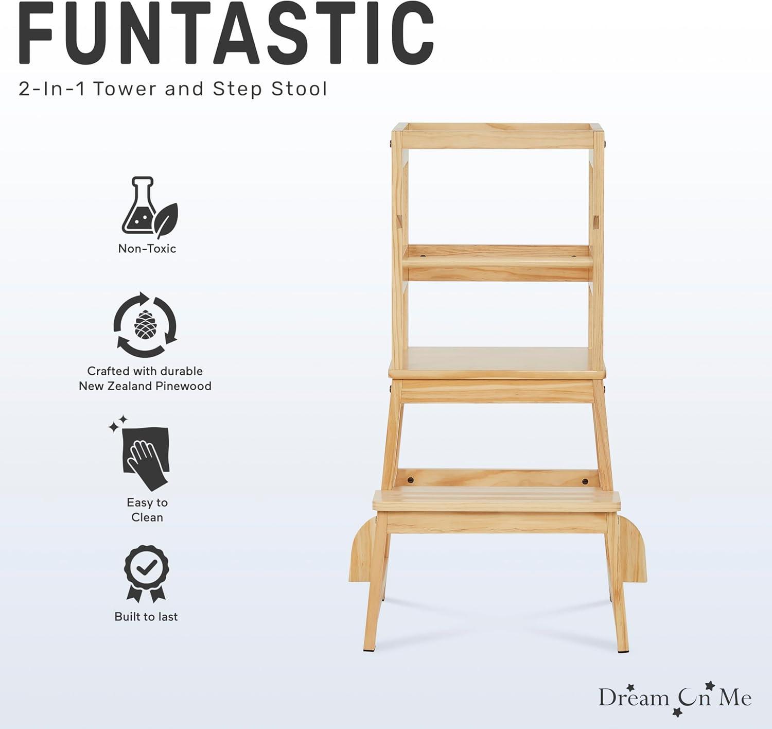 Dream On Me 2-in-1 Funtastic Tower and Step Stool, Easy to Assemble, Natural