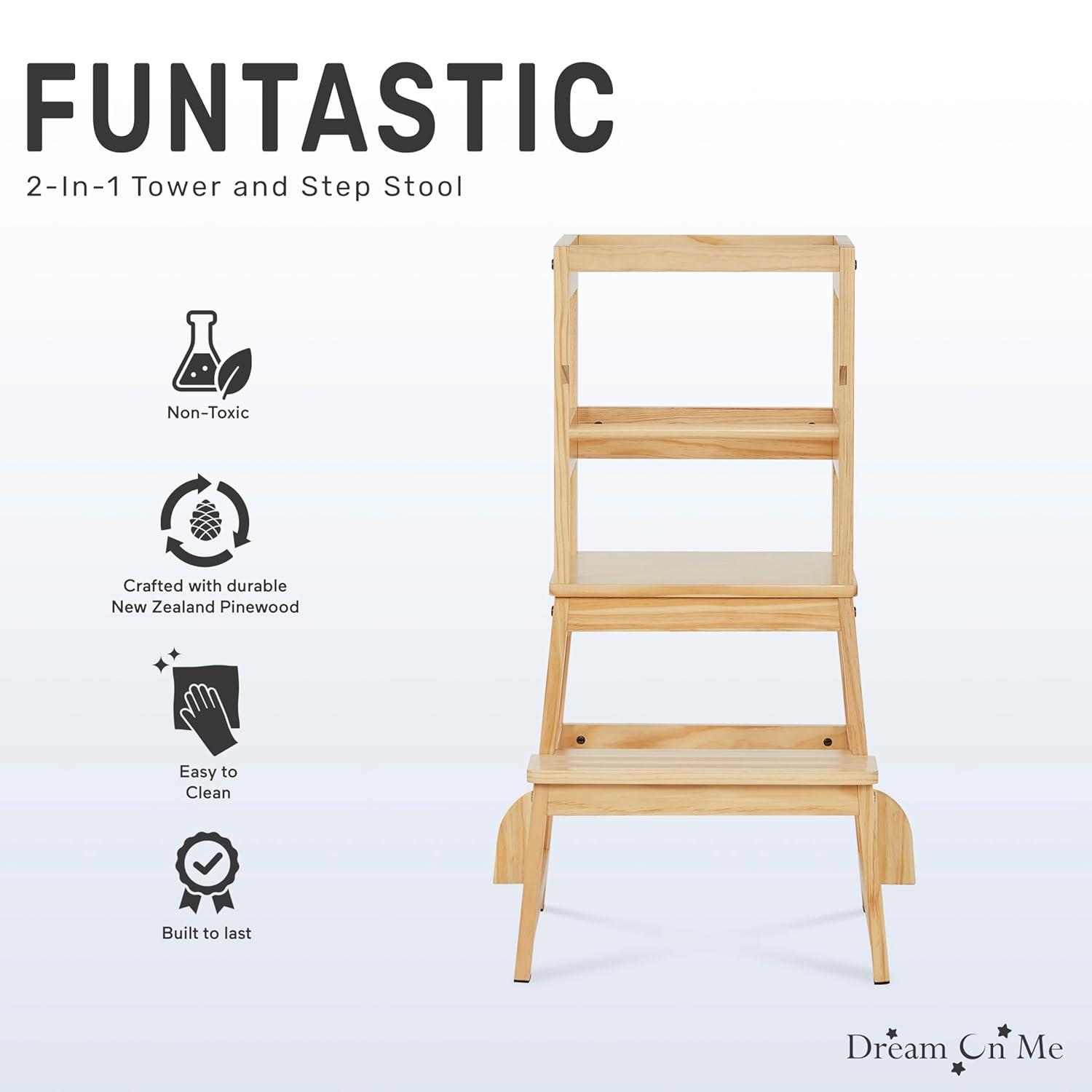 Dream On Me 2-in-1 Funtastic Tower and Step Stool, Easy to Assemble, Natural
