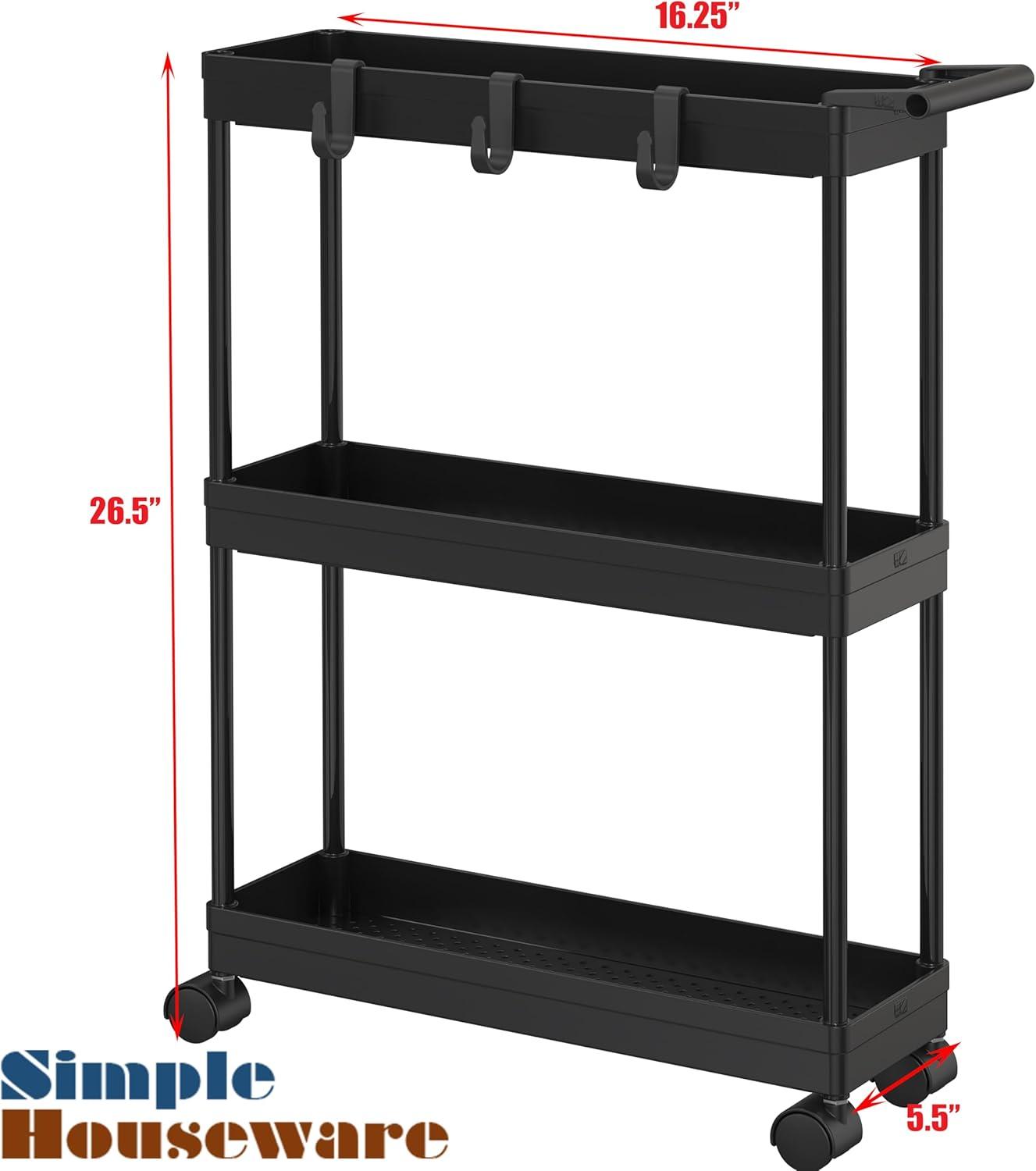 Black Slim 3-Tier Kitchen Cart with Hooks and Handle