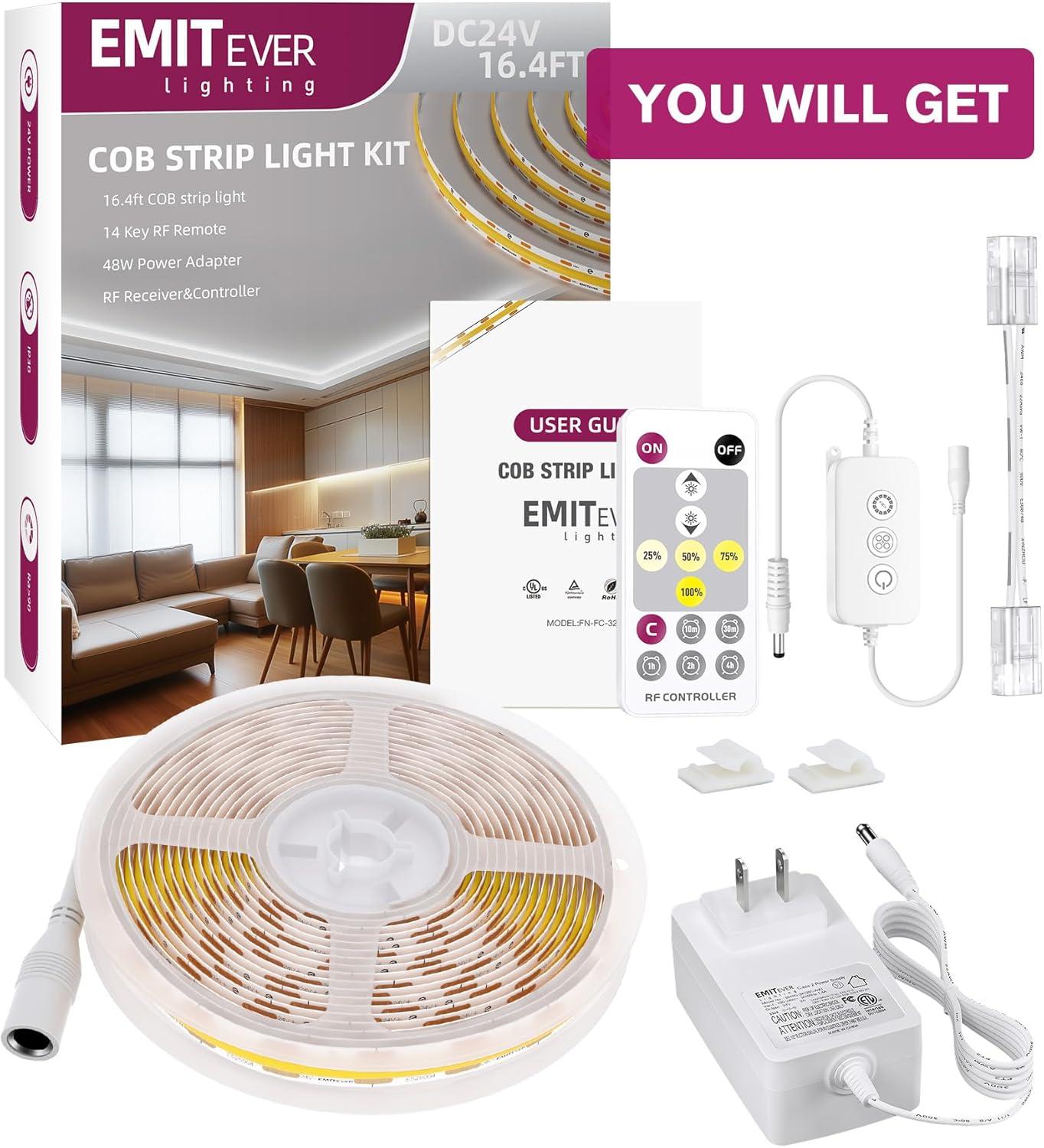 EMITEVER COB LED Strip Lights Kit Neutral White with Remote & 24V Power Supply,16.4ft Dimmable Tape Light 4000K, High Density 2400LEDs, 300+LM/FT,CRI90+, UL Listed for Bedroom Kitchen Cabinet Lighting