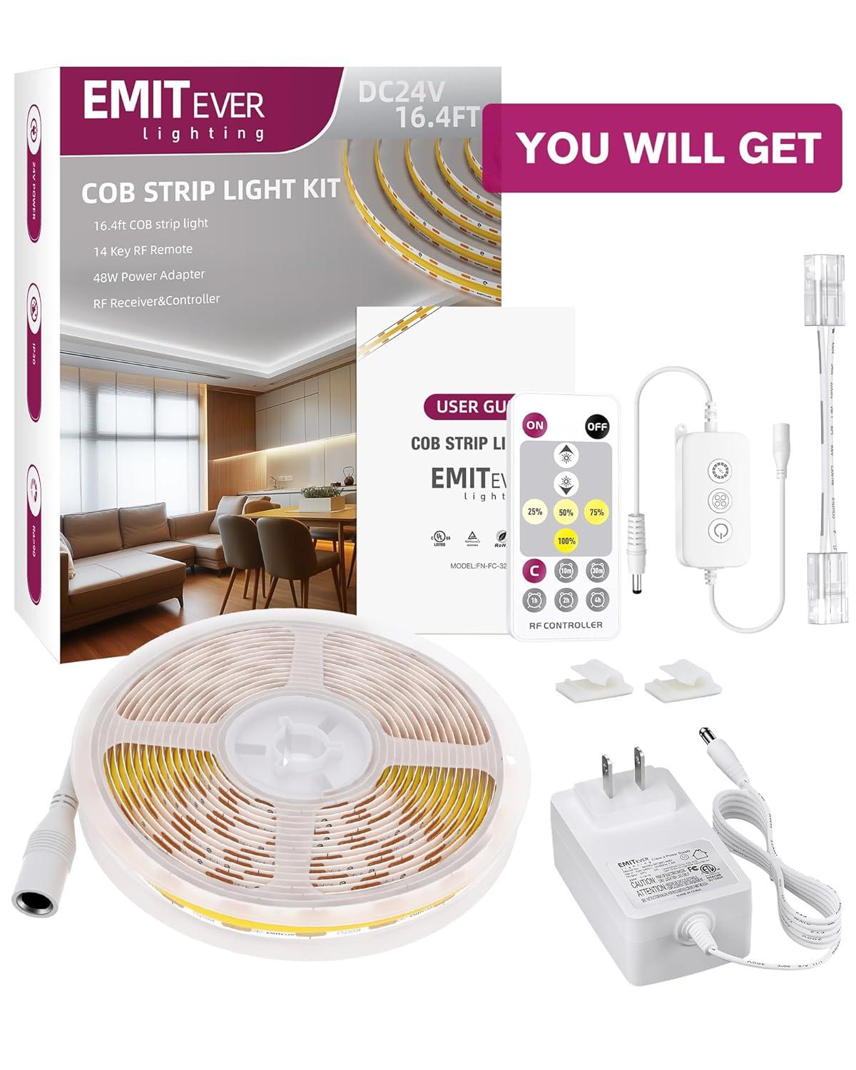 EMITEVER COB LED Strip Lights Kit Neutral White with Remote & 24V Power Supply,16.4ft Dimmable Tape Light 4000K, High Density 2400LEDs, 300+LM/FT,CRI90+, Suitable for Bedroom Kitchen Cabinet Lighting