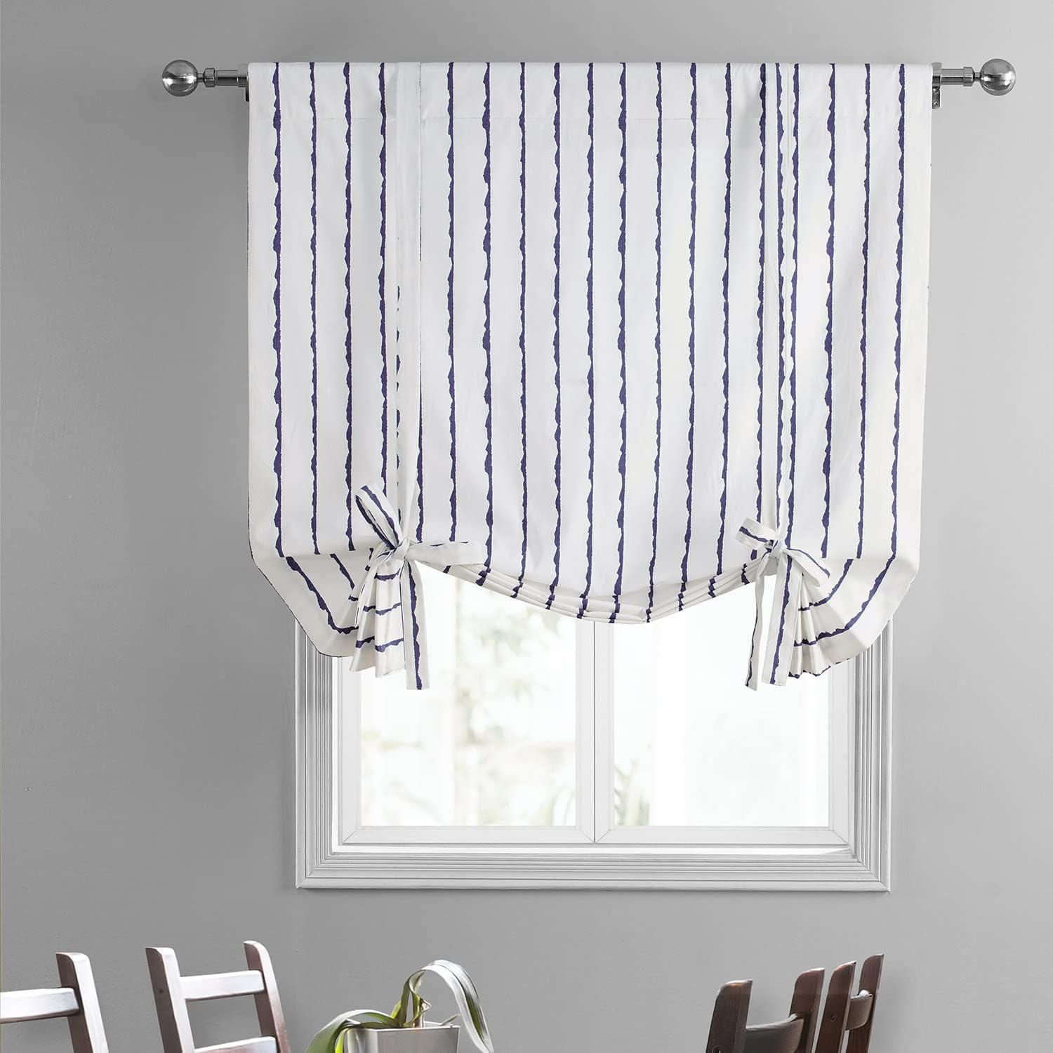 Exclusive Fabrics  Sharkskin Printed Cotton Tie-Up Window Shade (1 Panel) 46 X 63 - Sharkskin Blue Stripe