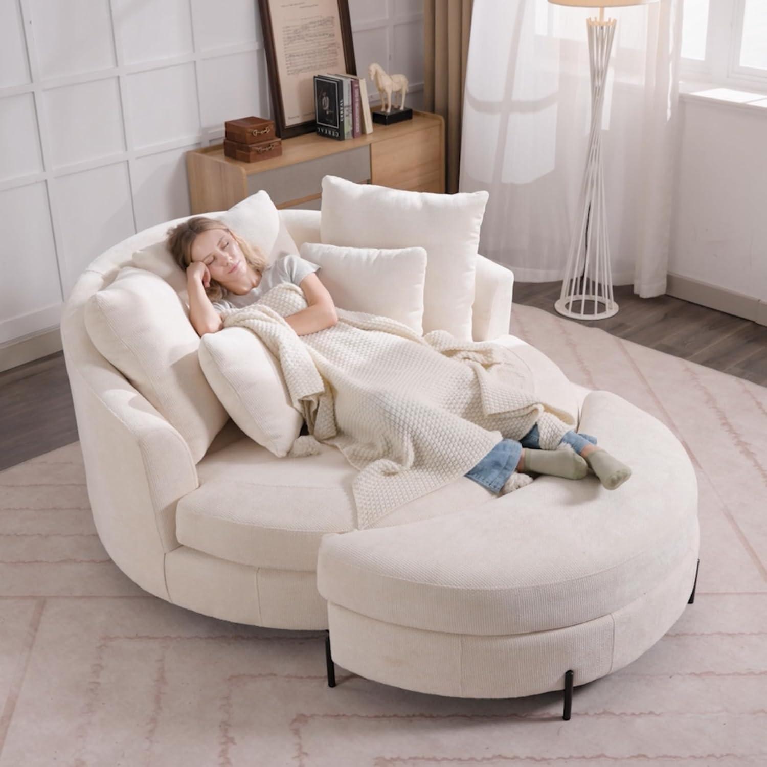 Sinzho & Wiyfun 59.8" W Upholstered Oversized Round Barrel Chair Extra Large Accent Chair with Half Moon Storage Ottoman & Wheels & 5 Pillows for Living Room, Knitted Chenille Fabric, Burnt Orange