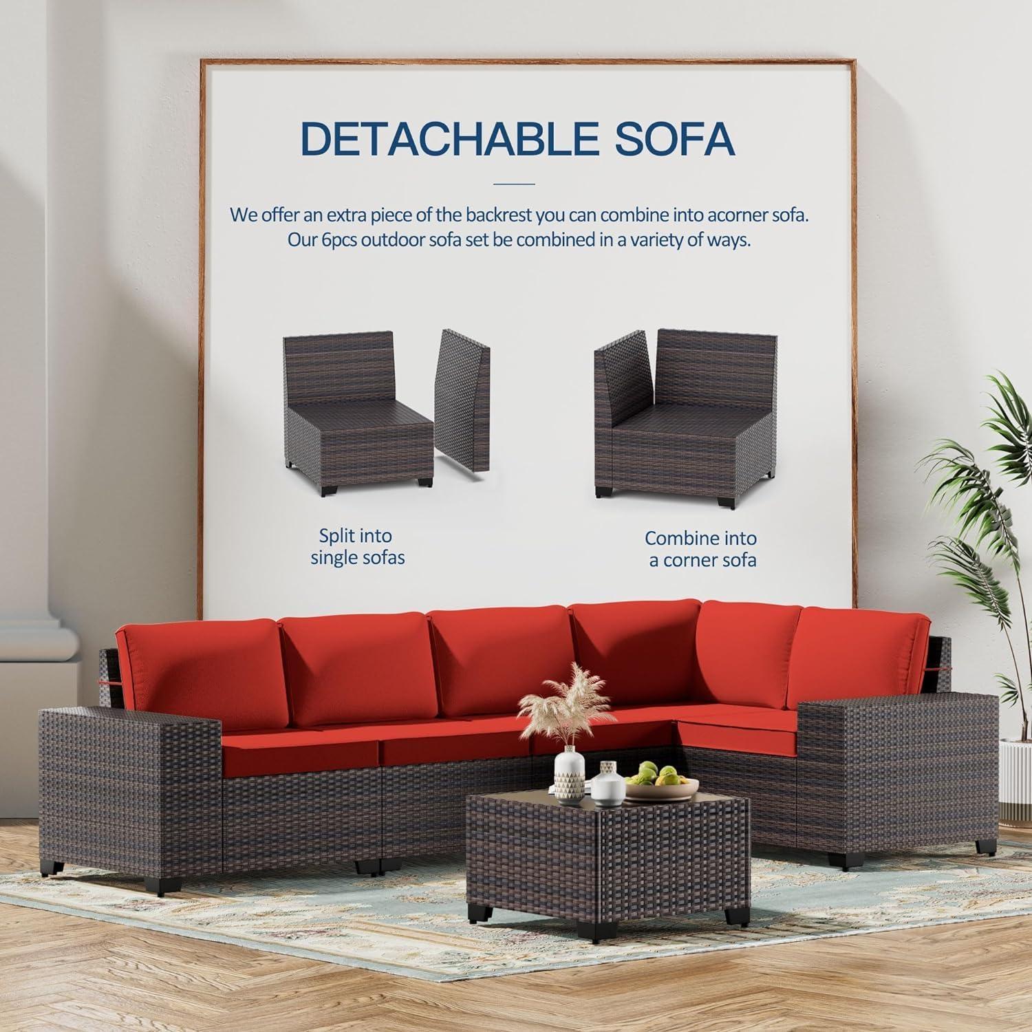 Kullavik 9 Pieces Outdoor Patio Furniture Set Outdoor Sectional Rattan Sofa Set Brown Manual Wicker Patio Conversation Set with Navy Blue Cushions,1 Tempered Glass Tea Table and Cushions Covers