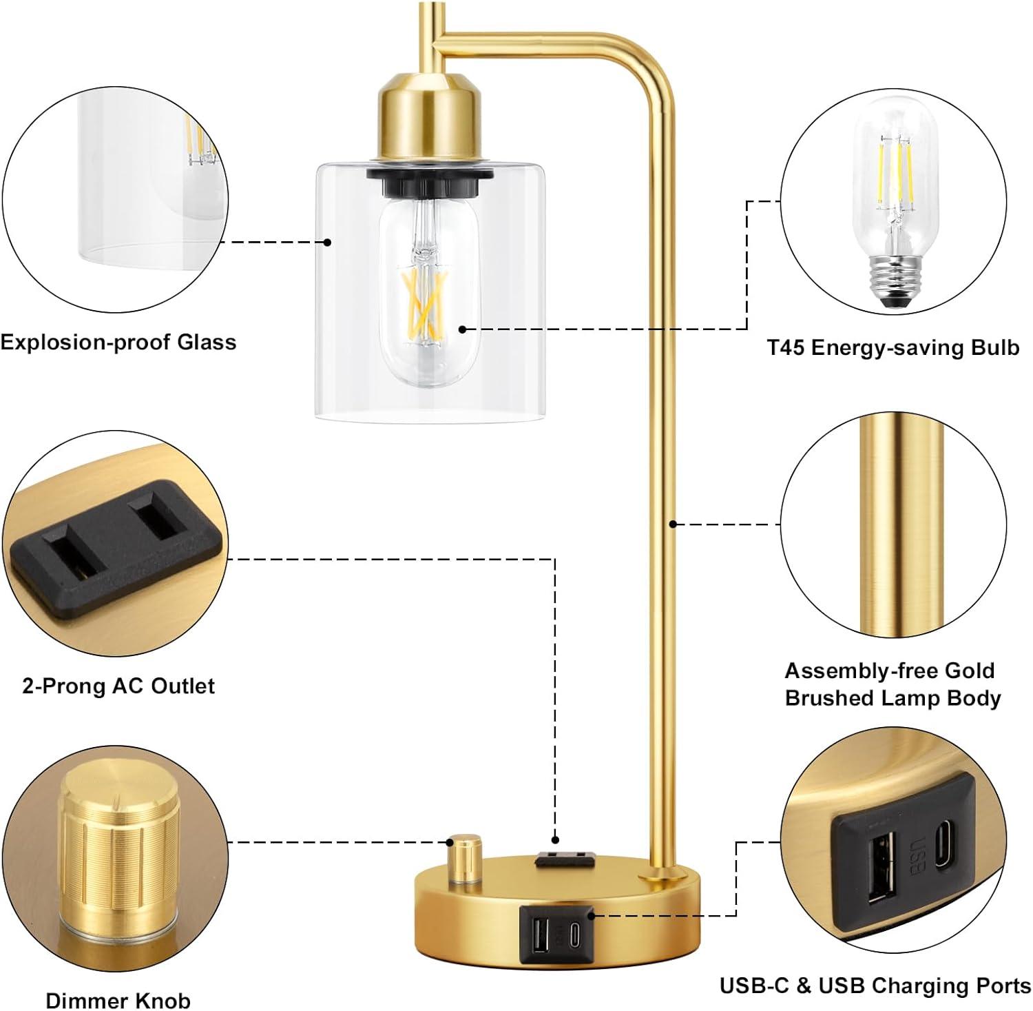 【Upgraded】Set of 2 Industrial Table Lamps with 2 USB Port, Fully Stepless Dimmable Bedside Lamps for Bedroom, Nightstand Desk Lamps with Glass Shade for Bedroom Living Room Office 2 LED Bulb Included