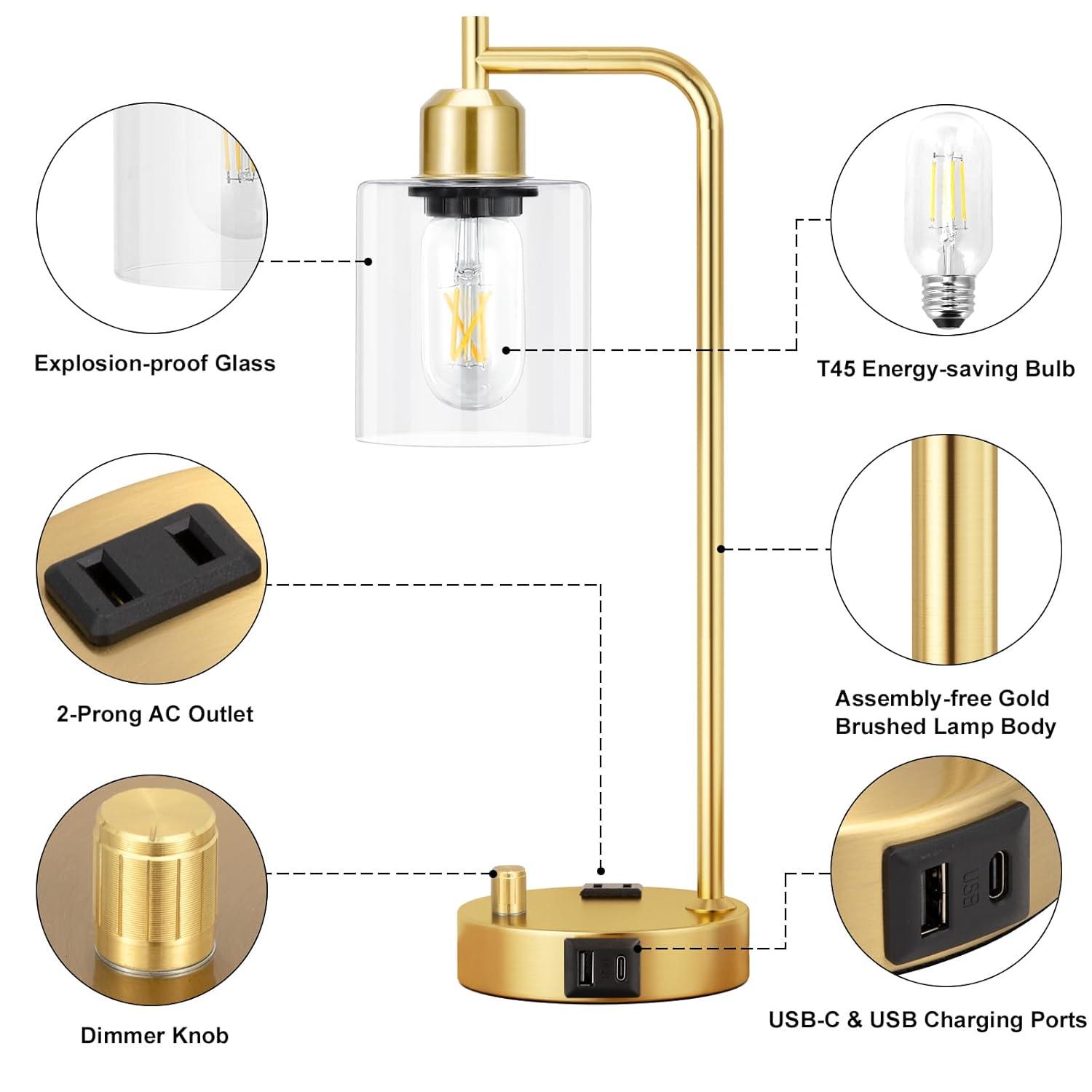 【Upgraded】Set of 2 Industrial Table Lamps with 2 USB Port, Fully Stepless Dimmable Bedside Lamps for Bedroom, Nightstand Desk Lamps with Glass Shade for Bedroom Living Room Office 2 LED Bulb Included