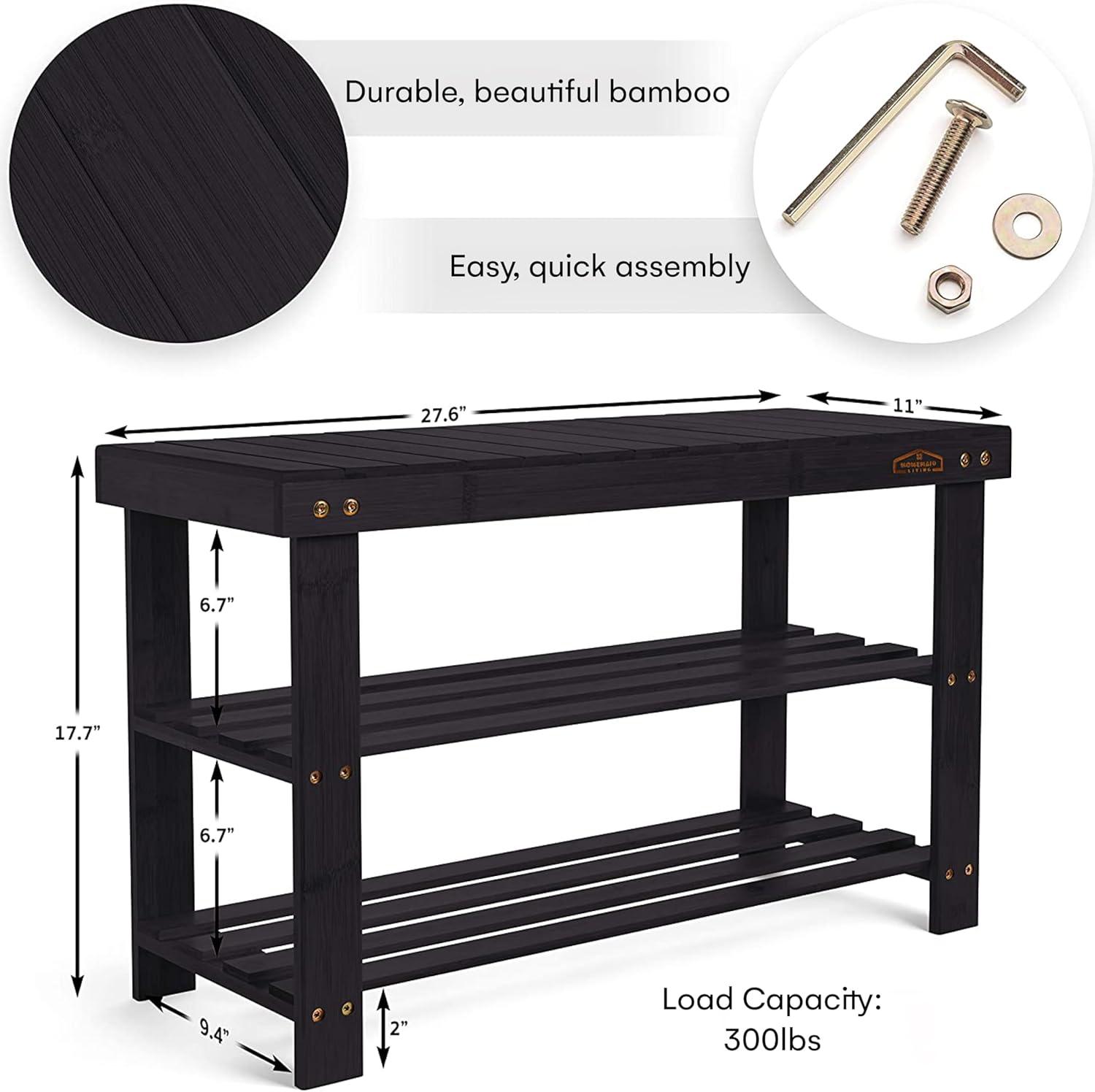 Homemaid Living Bamboo 3 Tier Shoe Rack Bench, Premium Shoe Organizer or Entryway Bench, Perfect for Shoe Cubby, Entry Bench, Bathroom Bench, Entryway Organizer, Hallway or Living Room(Black)