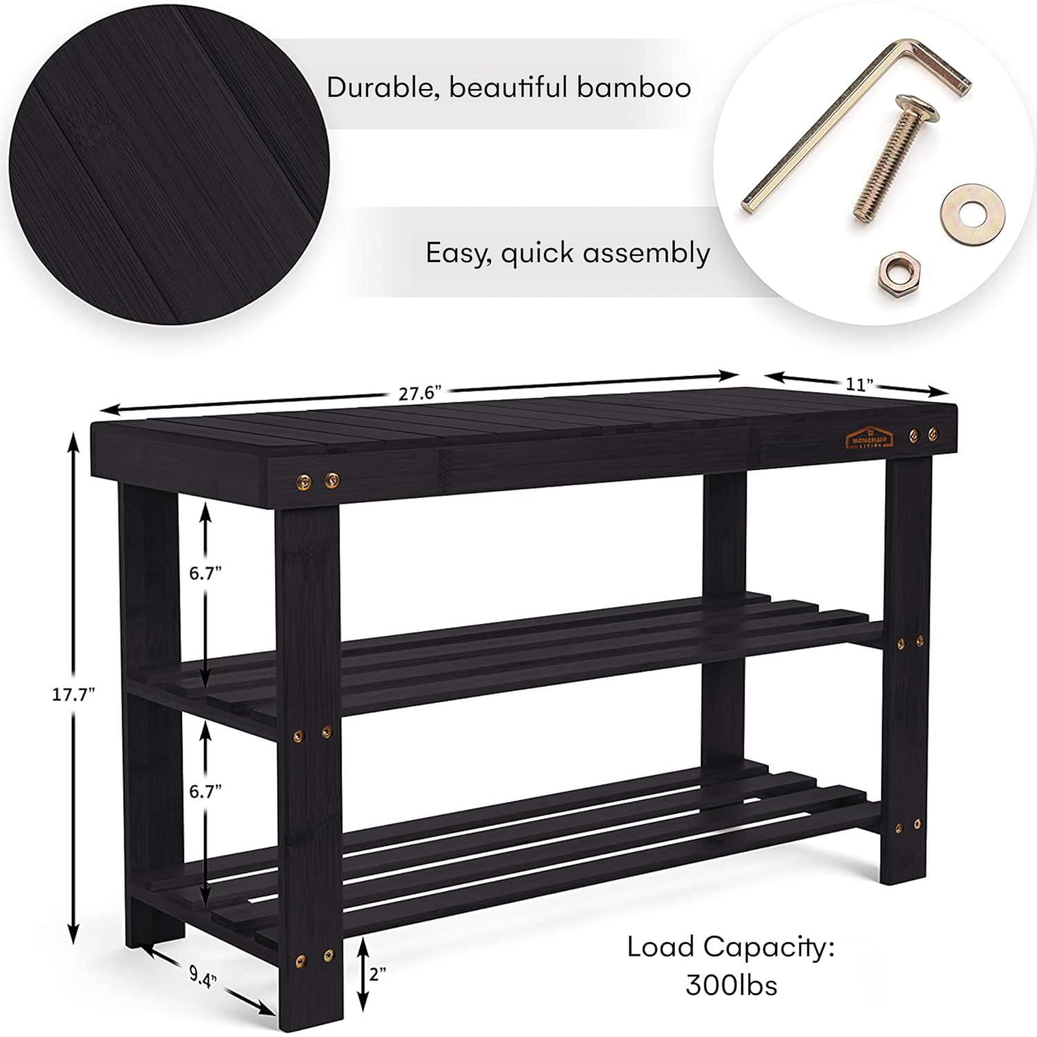 Homemaid Living Bamboo 3 Tier Shoe Rack Bench, Premium Shoe Organizer or Entryway Bench, Perfect for Shoe Cubby, Entry Bench, Bathroom Bench, Entryway Organizer, Hallway or Living Room(Black)