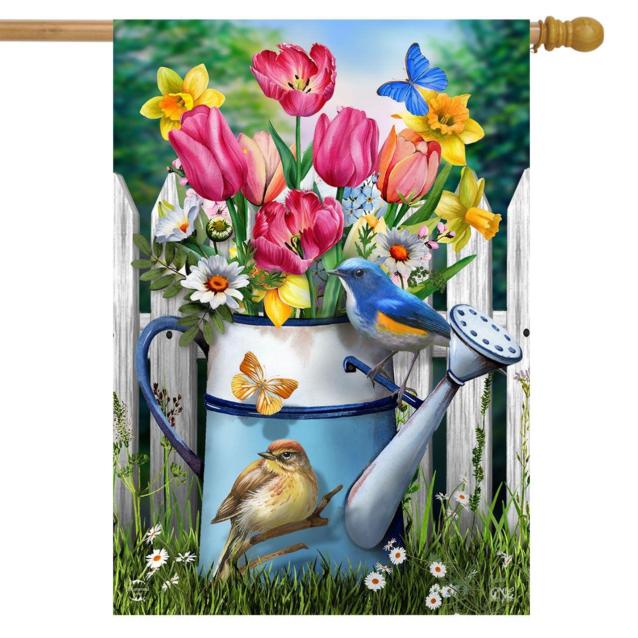 Floral Watering Can Spring House Flag 40" x 28" Briarwood Lane