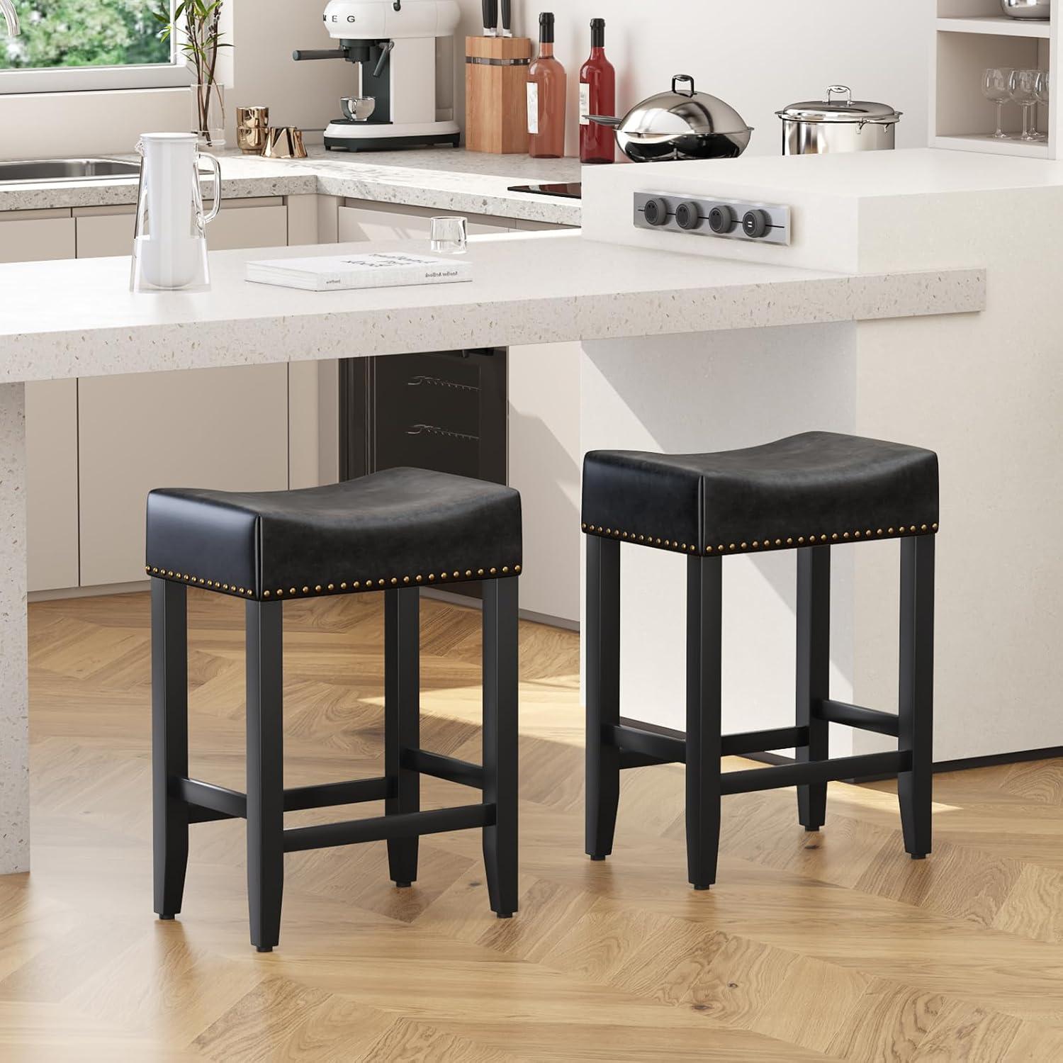 Furniliving 26" Counter Height Bar Stools, Linen Backless Saddle Seat Barstools, Set of 4,Beige