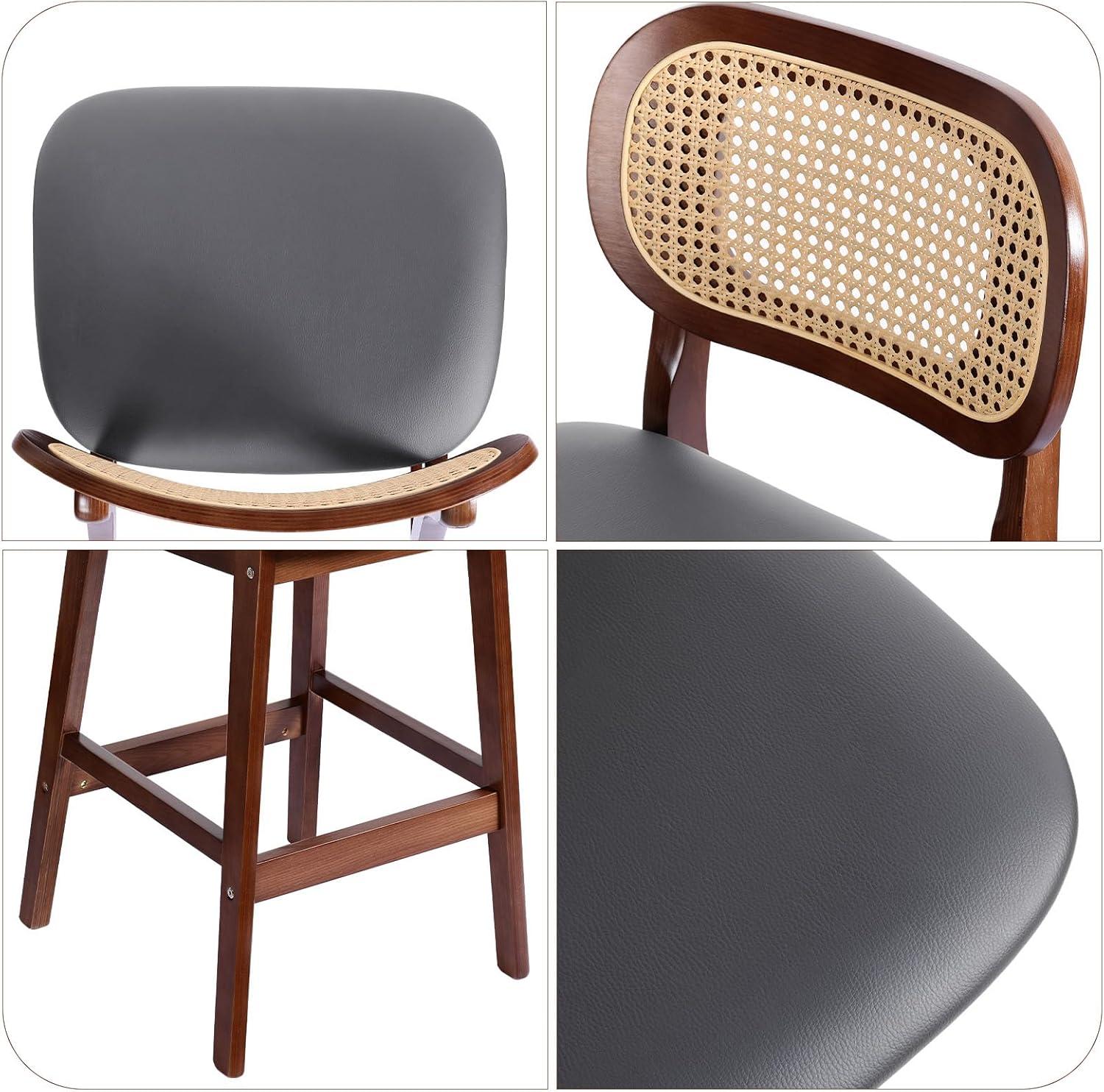 Lucky Monet Wood Upholstered Counter Height Bar Stools with Rattan Back - 36.81"H x 17.72"W x 18.7"D Set of 2 - White Faux Leather/ Brown Frame