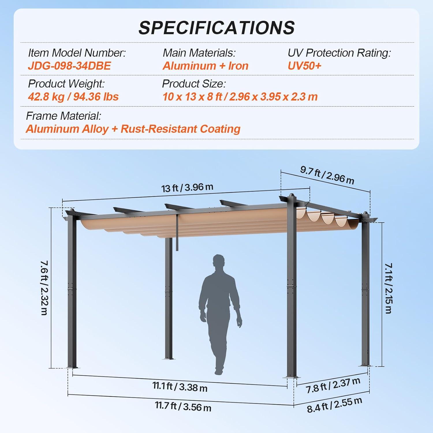 VEVOR 10'x13' Outdoor Retractable Pergola with Canopy, Aluminum Pergola with Retractable Canopy, Modern Style,Sun Shadefor Patios, Gardens, Decks, Backyards (Beige)