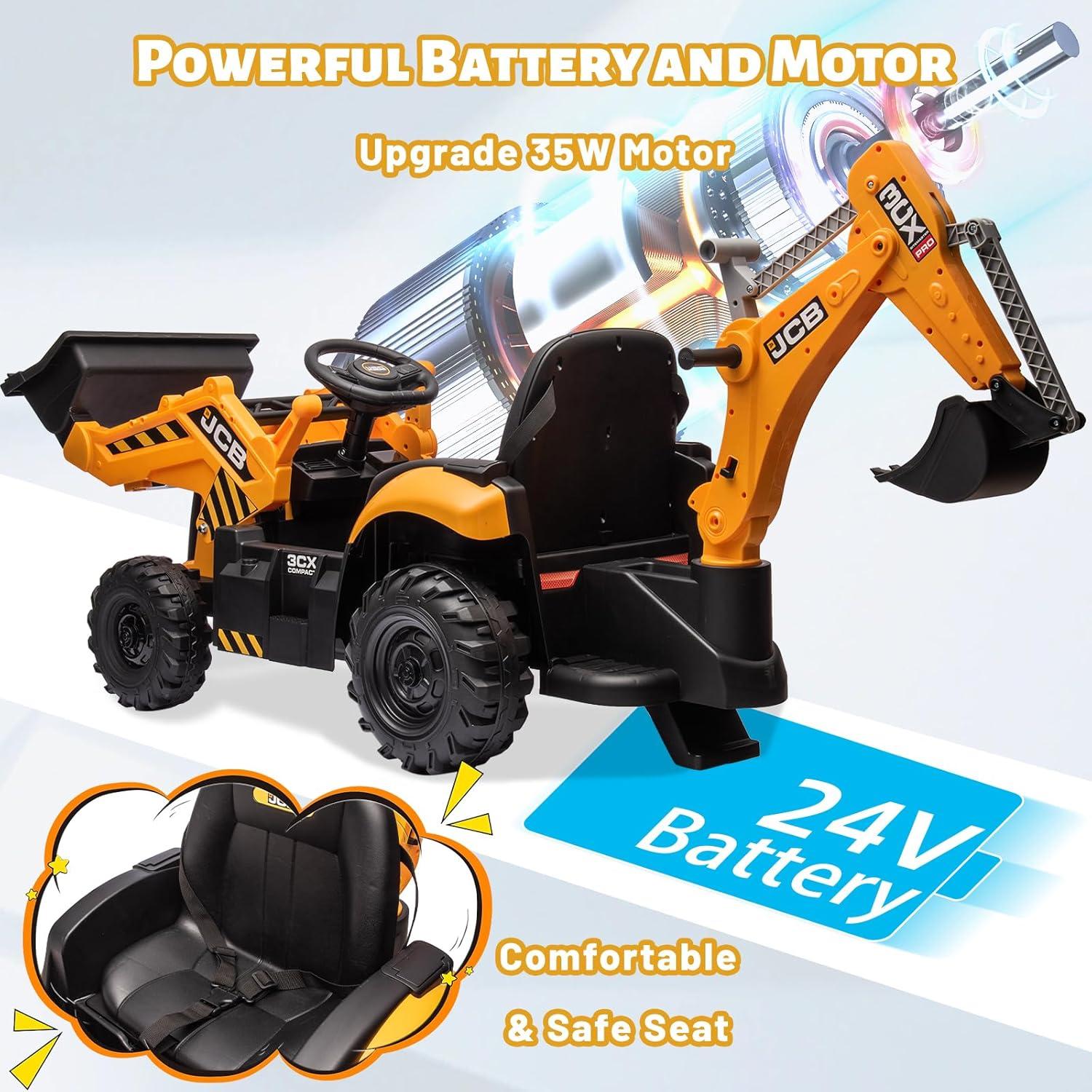 EastVita 12V Ride on Toys Tractor, Kids Ride on Car Toy Excavator Bulldozer, 12V Digger w/Trailer, Shovel Bucket, Digger, Remote Control, EVA Tires, LED Lights, Music, USB