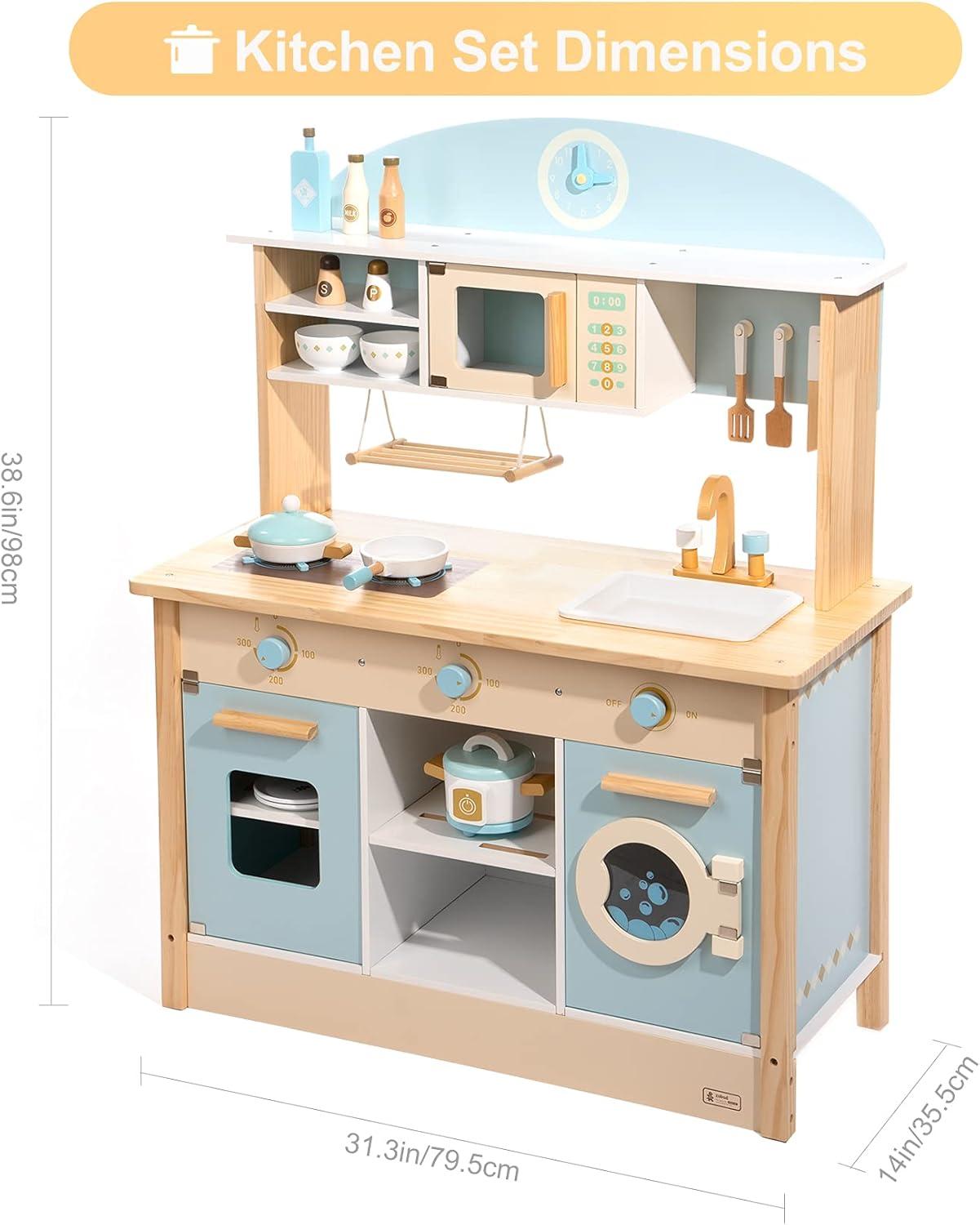 ROBUD Solid Wood Play Kitchen & Accessories Set, Preschool Kitchen Set, Kids Kitchen Playset