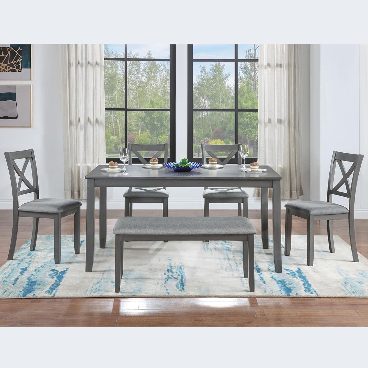 Gray Rectangular Wood Dining Set with Upholstered Chairs and Bench