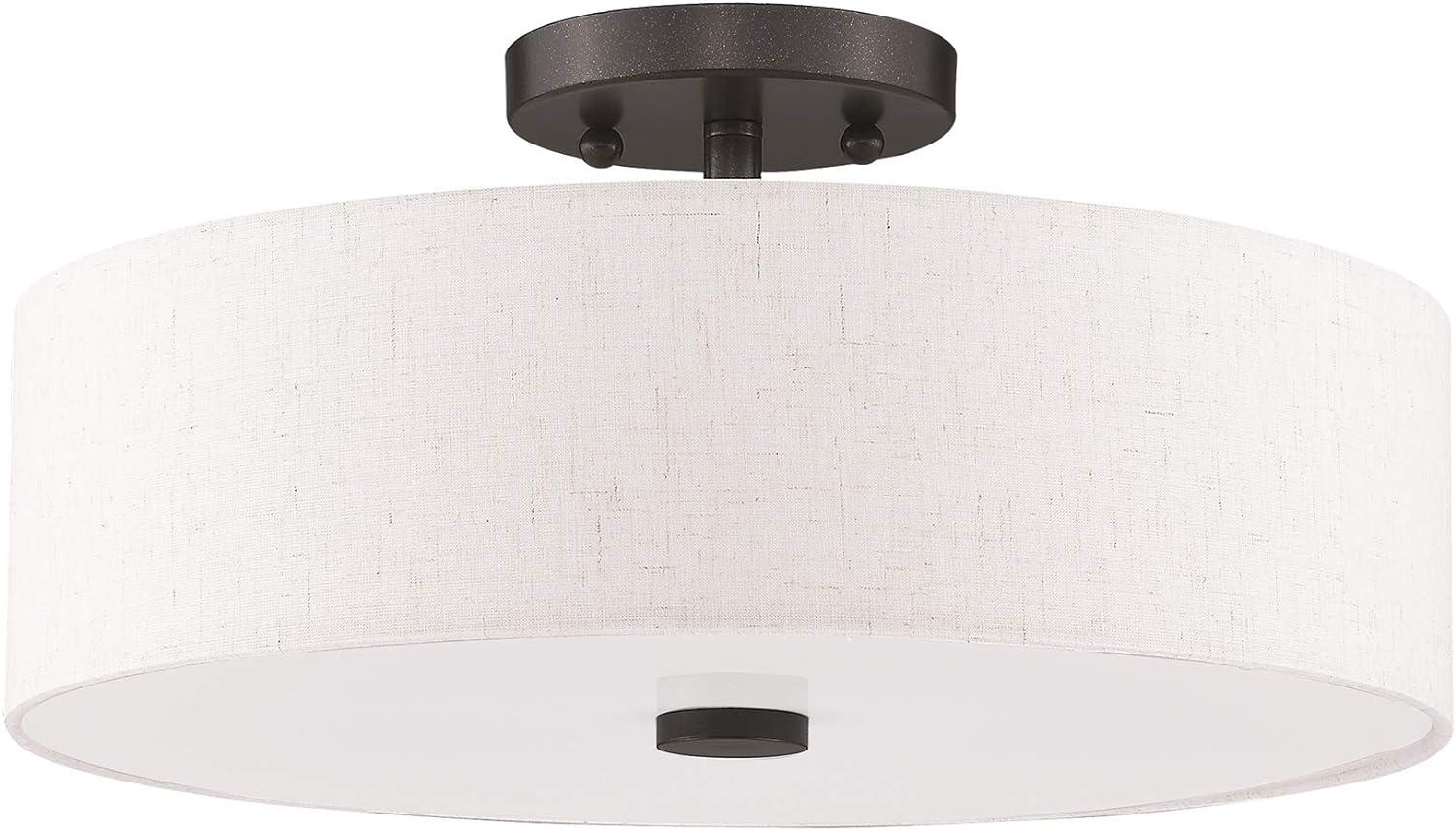 Meridian 3-Light English Bronze Semi Flush Mount with Oatmeal Fabric Shade