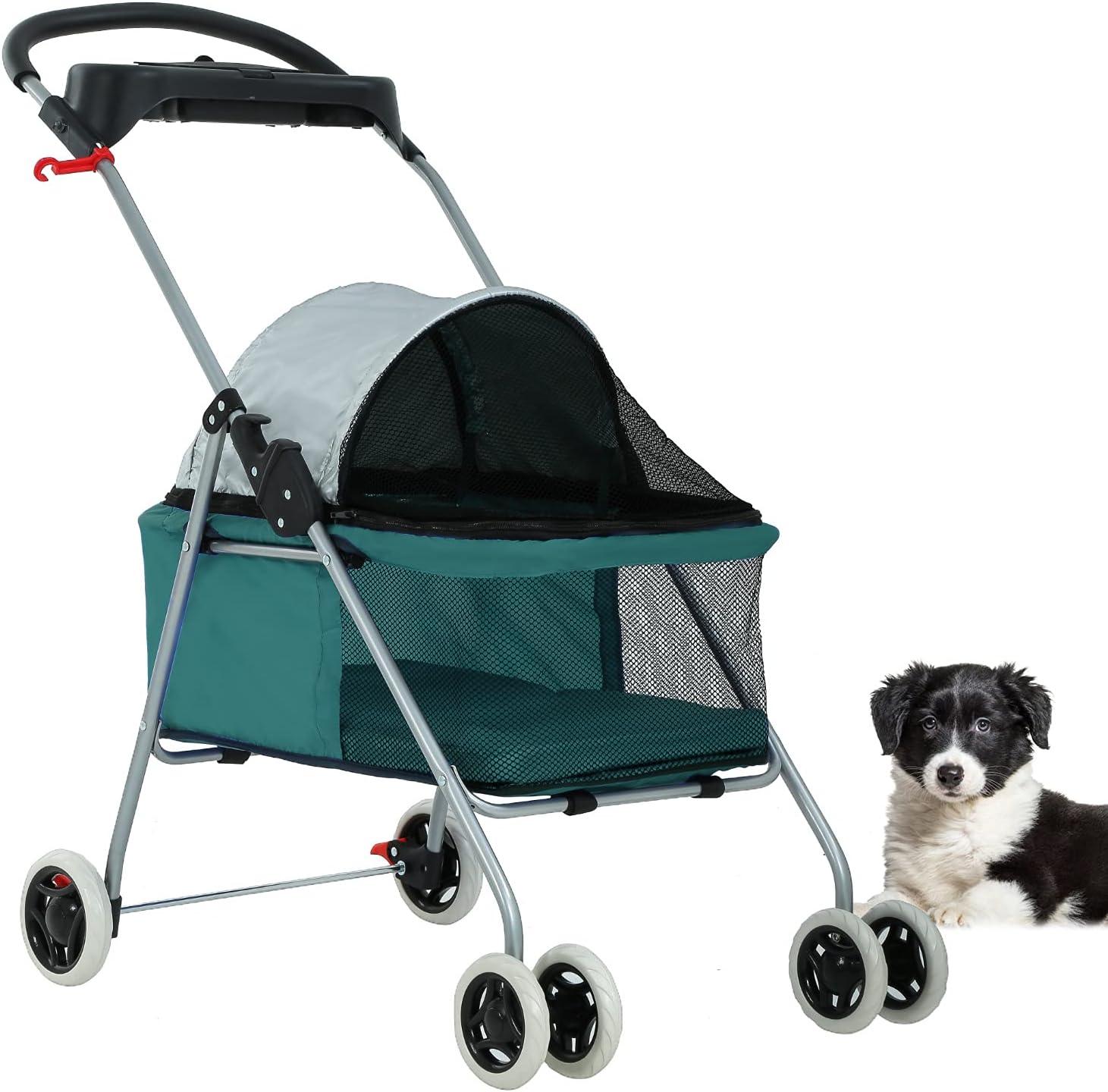 Teal Foldable Pet Stroller with Mesh Windows and Cup Holder